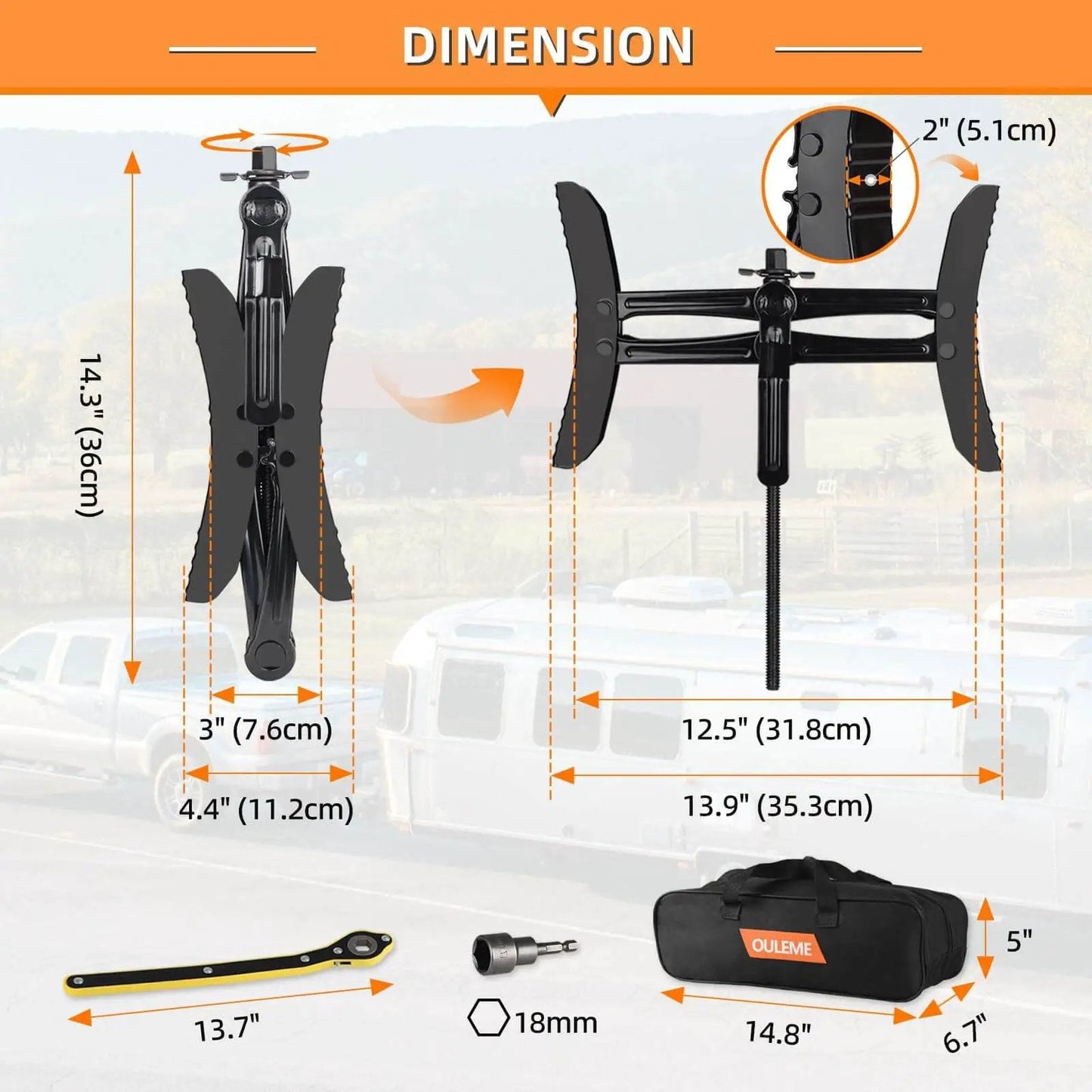 Durable X Shaped RV Tire Stabilizer For Dual Axle Travel Trailers And Campers OULEME with dimensions and carrying case