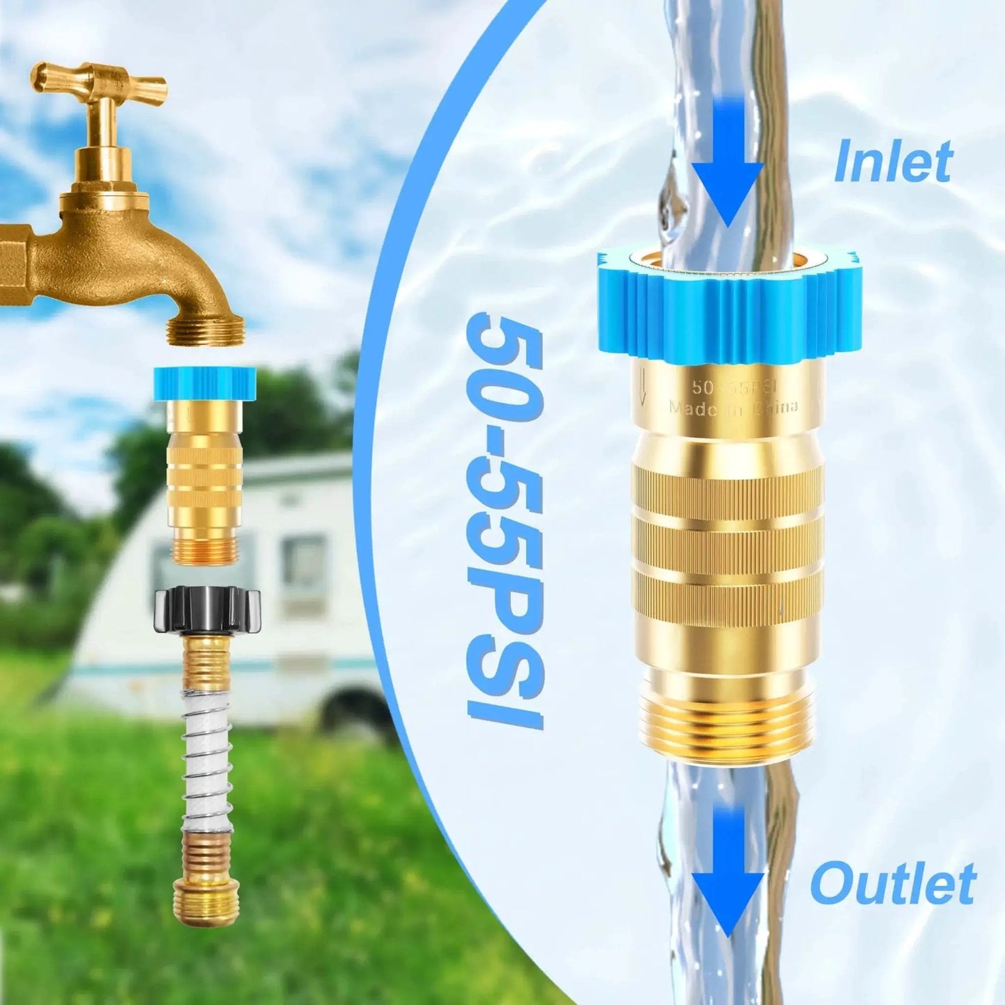 High Flow RV Water Pressure Regulator 50-55 Psi For Campers And Trailers Three Quarter Inch Brass Inline Reducer attached to faucet