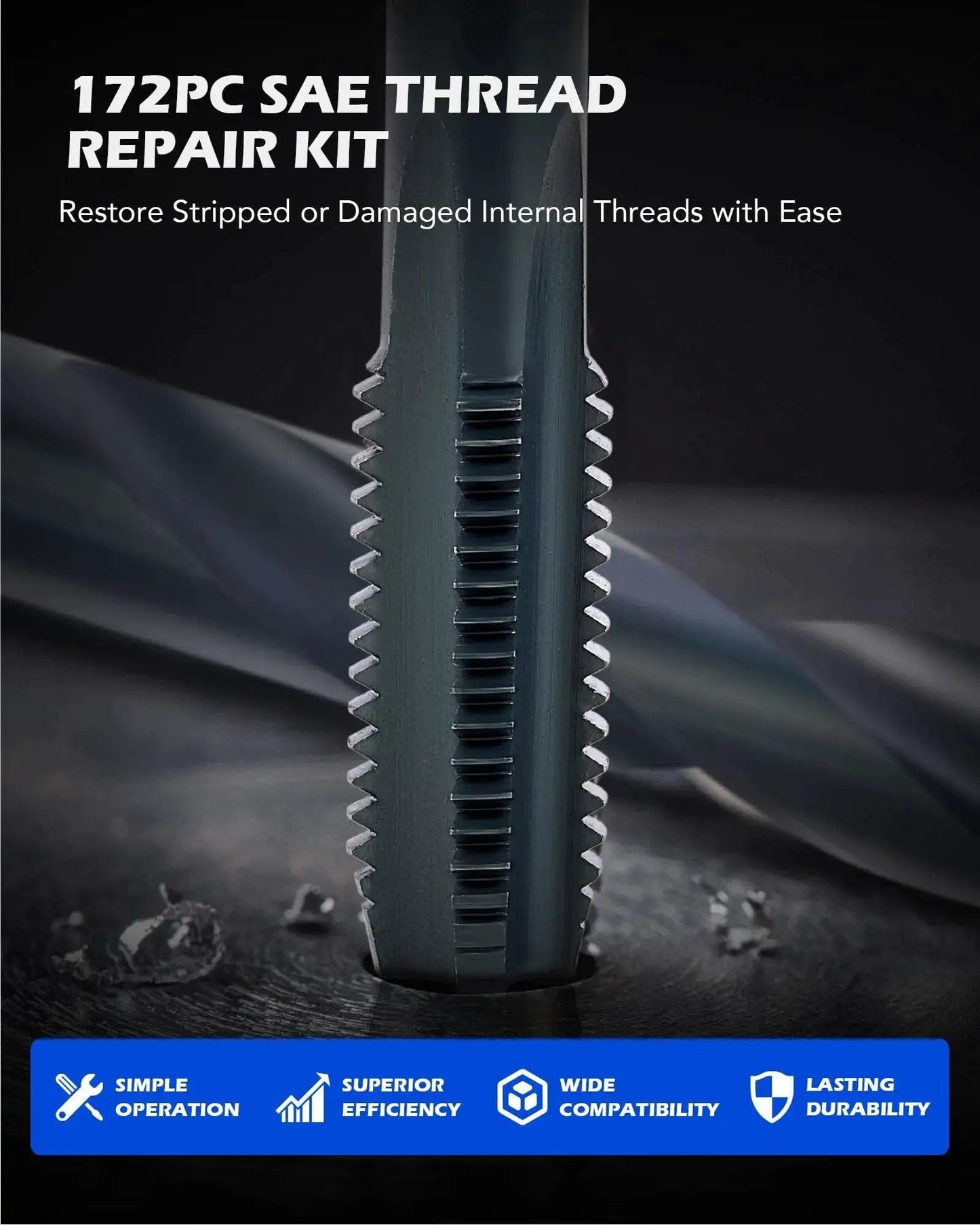 SAE Thread Repair Kit For Auto Repair 172 Piece Set With HSS Drill Bits Taps 150 Wire Thread Inserts And 10 Installation Tools graphic