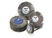 Four circular SAIT abrasive flap wheels of varying sizes with grit labels, used for grinding and finishing.
