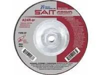 Grinding disc with SAIT branding, circular shape, red and silver label, showing specifications and barcode on the front surface.