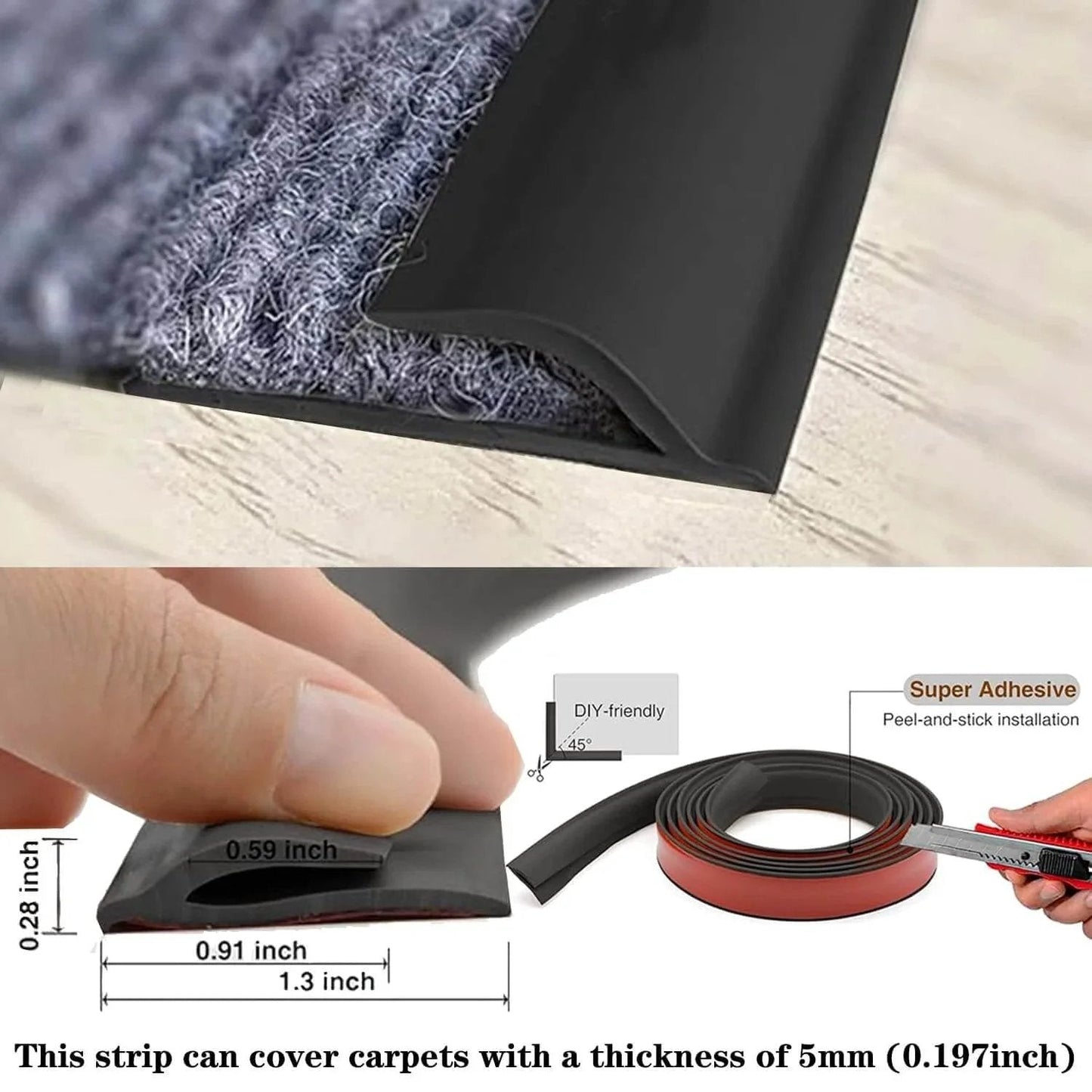 Carpet to Tile Transition Strip, Self Adhesive Cuttable Carpet Edge Trim Strip, flexible edging on carpet with measurement details