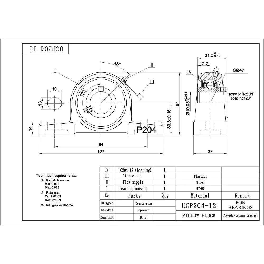 Technical drawing of Self Aligning Pillow Block Bearing Set 4 Pack UCP20412 Chrome Steel Three Quarter Inch Bore by PGN