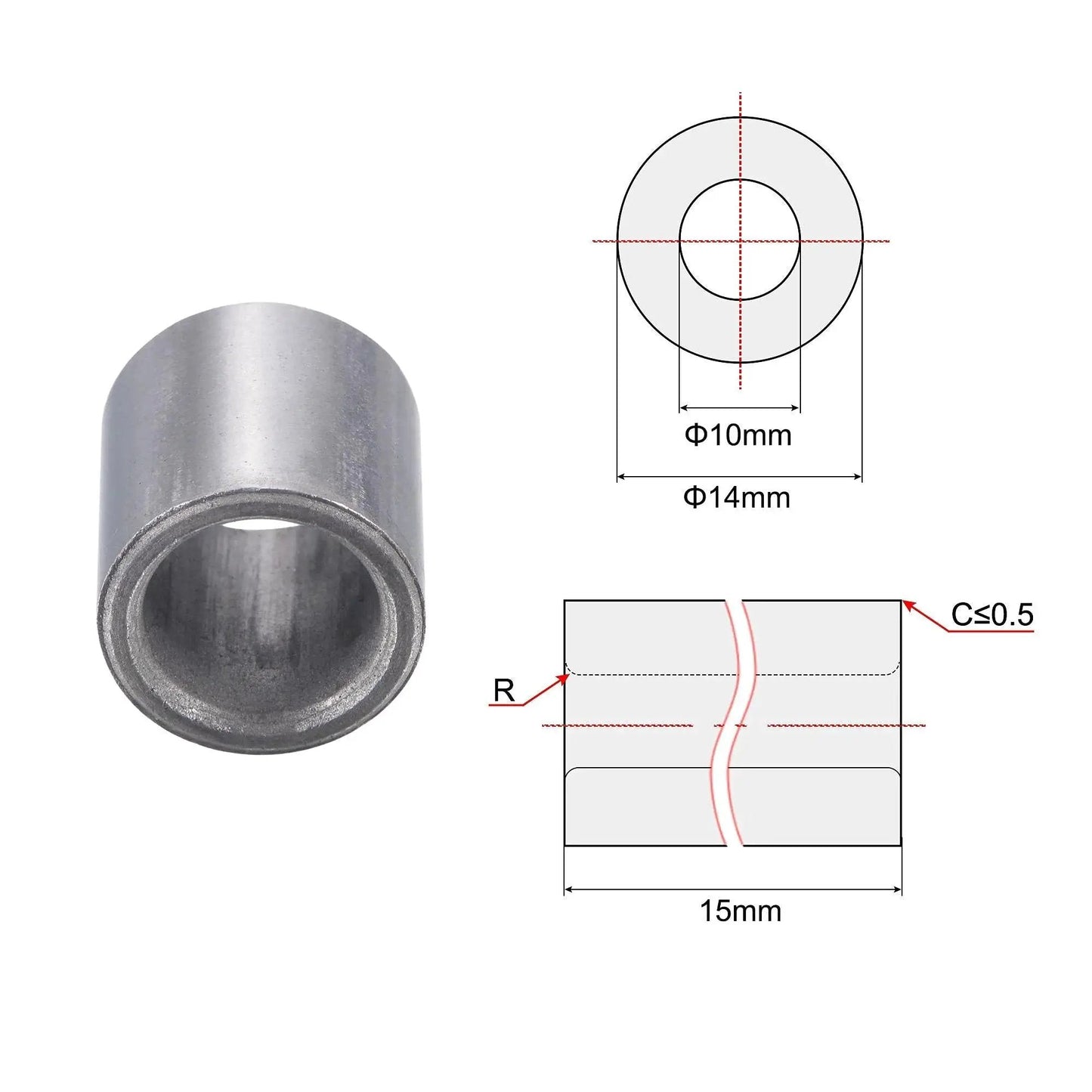 Diagram and photo of self-lubricating sleeve bearings set of 6, sintered iron bushings with 10mm bore, 14mm outside diameter, 15mm length.