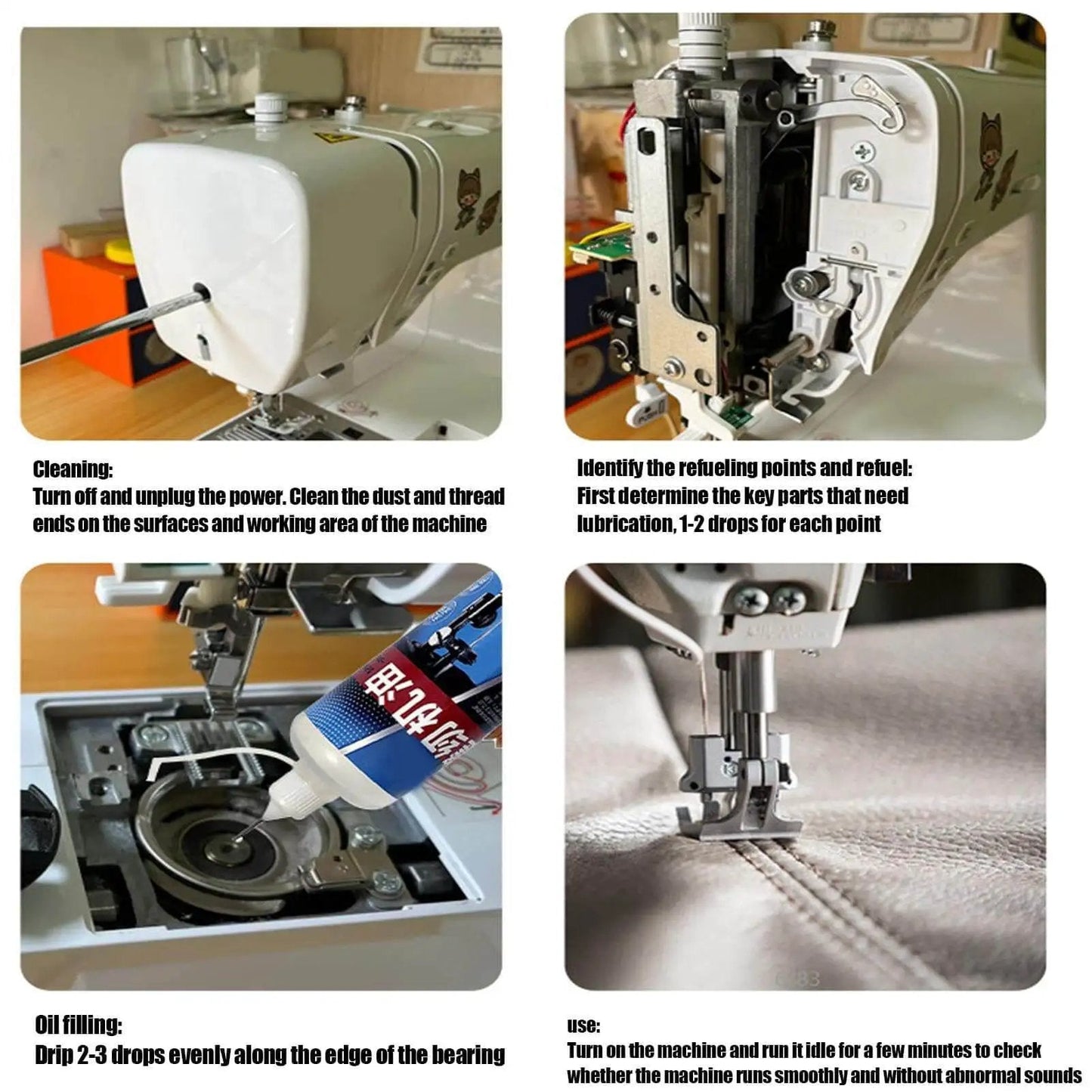 Sewing Machine Oil And High Temperature Lubricant For Precision Machines applied on sewing machine parts, demonstrating usage instructions.