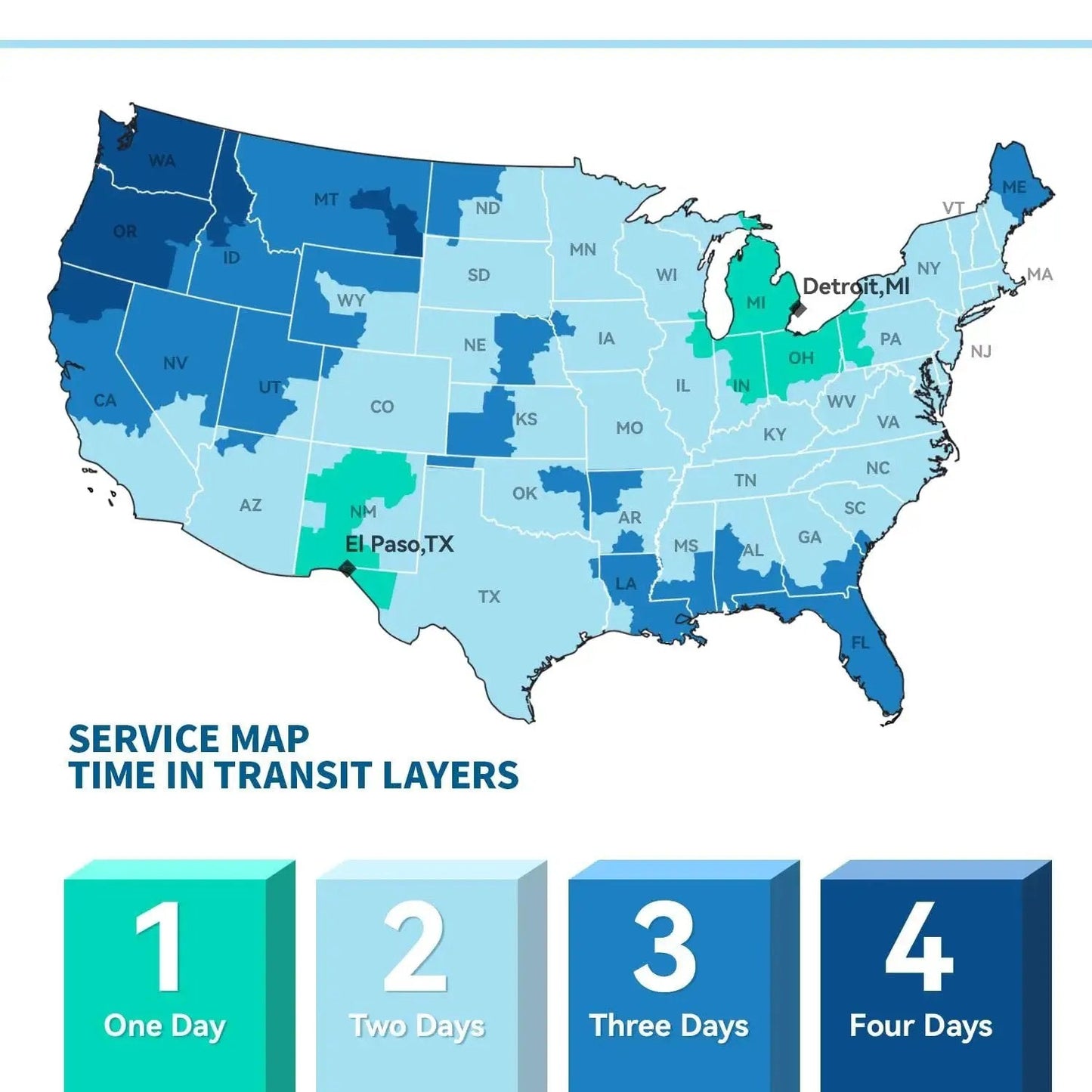 U.S. map showing delivery time zones from 1 to 4 days; Detroit, MI and El Paso, TX highlighted.