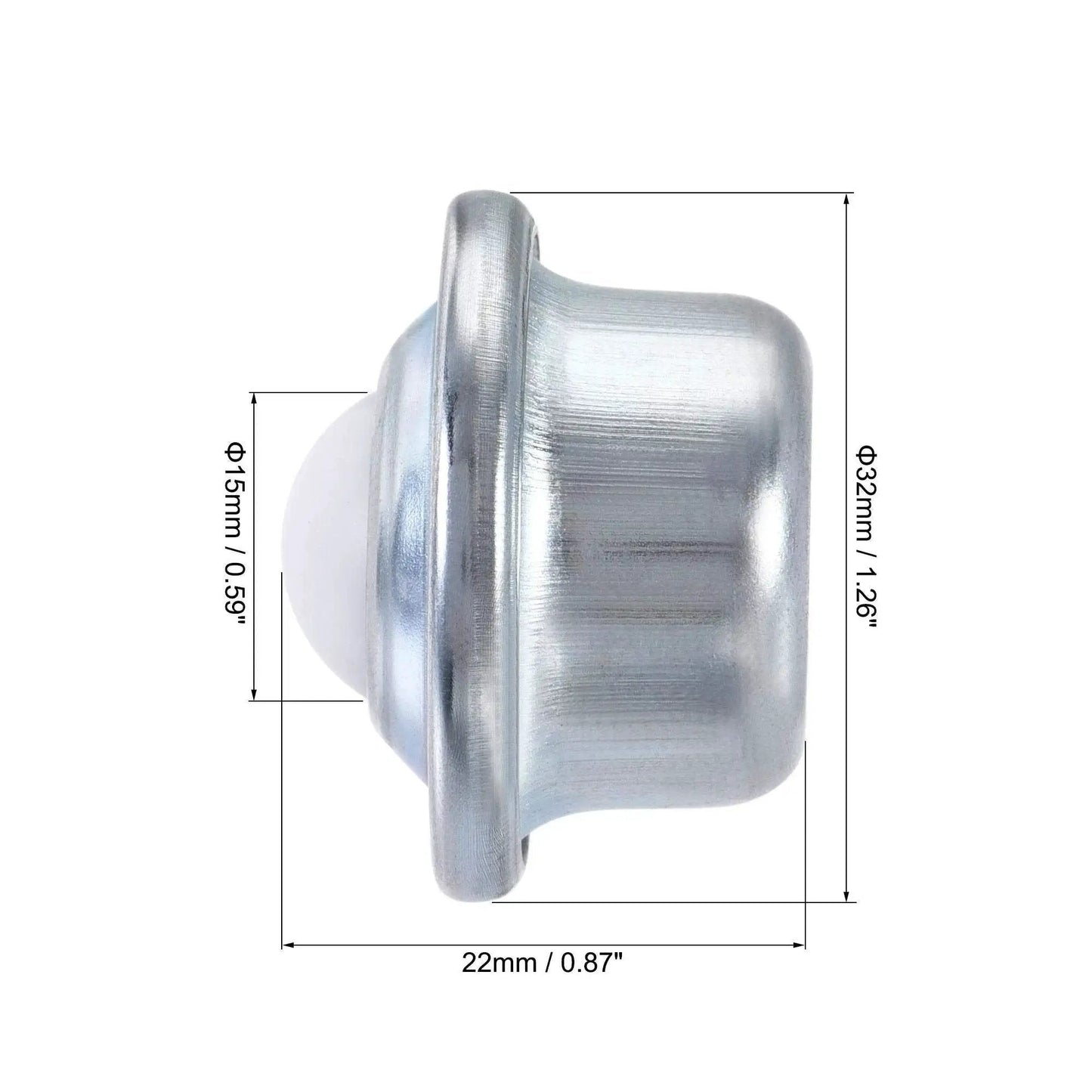 Side view of Drop In Ball Transfer Bearing Unit 15mm Nylon Ball with 33 Lb load capacity, showing dimensions, for conveyors and material handling