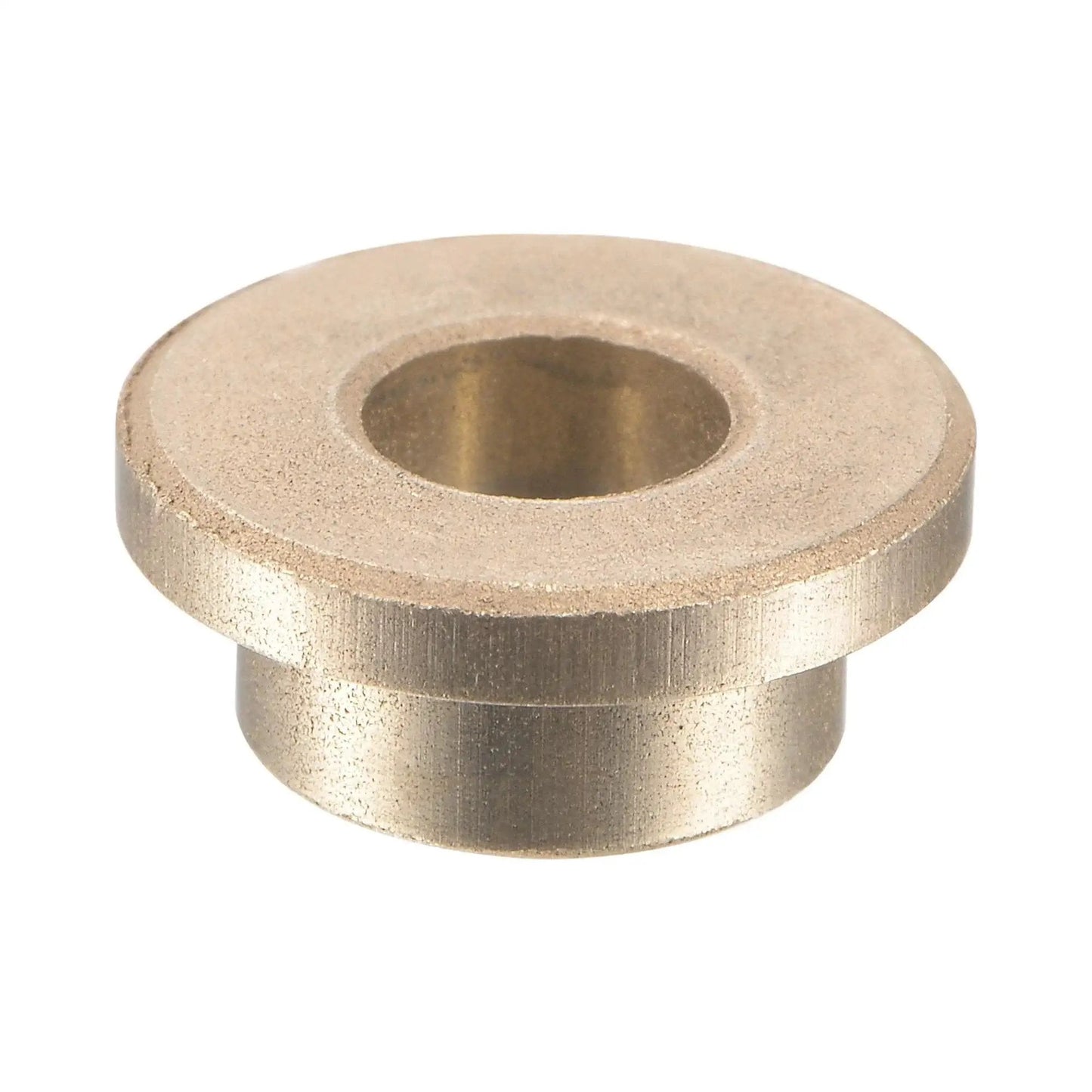 Close-up of a sintered bronze flange sleeve bearing, 6mm bore, 10mm OD, showing flange thickness of 2mm and 14mm diameter.