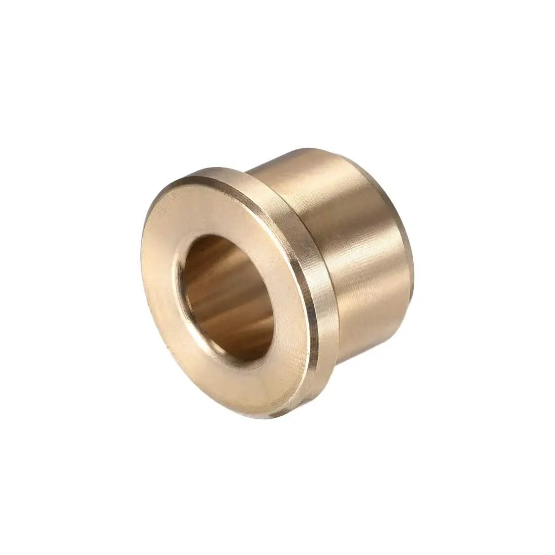 Sintered Bronze Flange Bearing Sleeve Three Eighths Bore Five Eighths Outer Diameter One Half Inch Length, shown at an angle