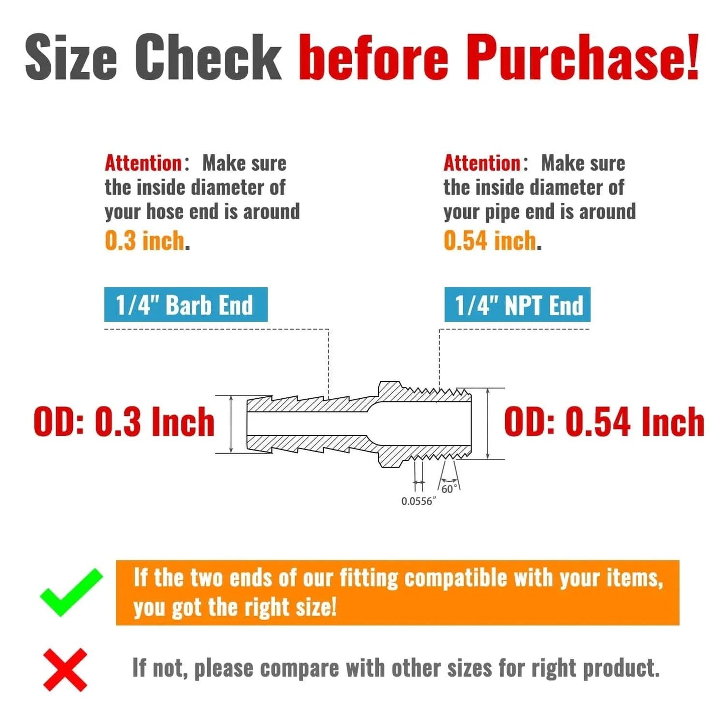 Diagram showing size check before purchase of 12 Pack One Quarter Inch Air Hose Fittings Brass Hose Barb Fittings One Quarter Inch NPT Male Pipe To One Quarter Inch Barb End Adapter
