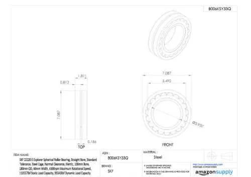 Technical diagram of SKF 22208 E Explorer Spherical Roller Bearing Straight Bore Metric 40mm Bore, 80mm OD, 23mm Width with dimensions