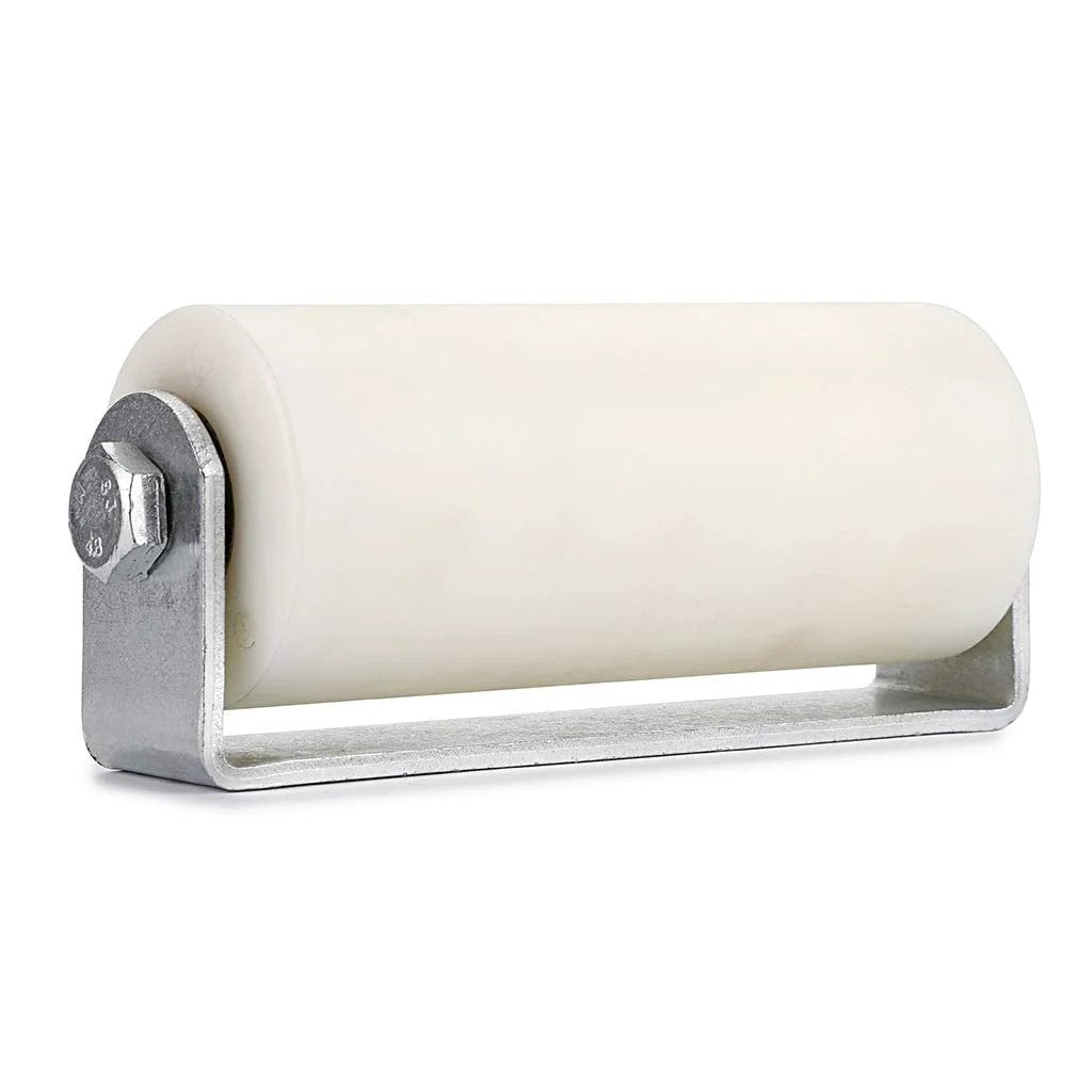 6 Inch Slide Gate Guide Roller With Post Welded Bracket In White, UHMW Hard Nylon Roller With Sealed Ball Bearings For Smooth, Maintenance Free Operation, Heavy Duty Side Roller Assembly For Durable Gate Guidance