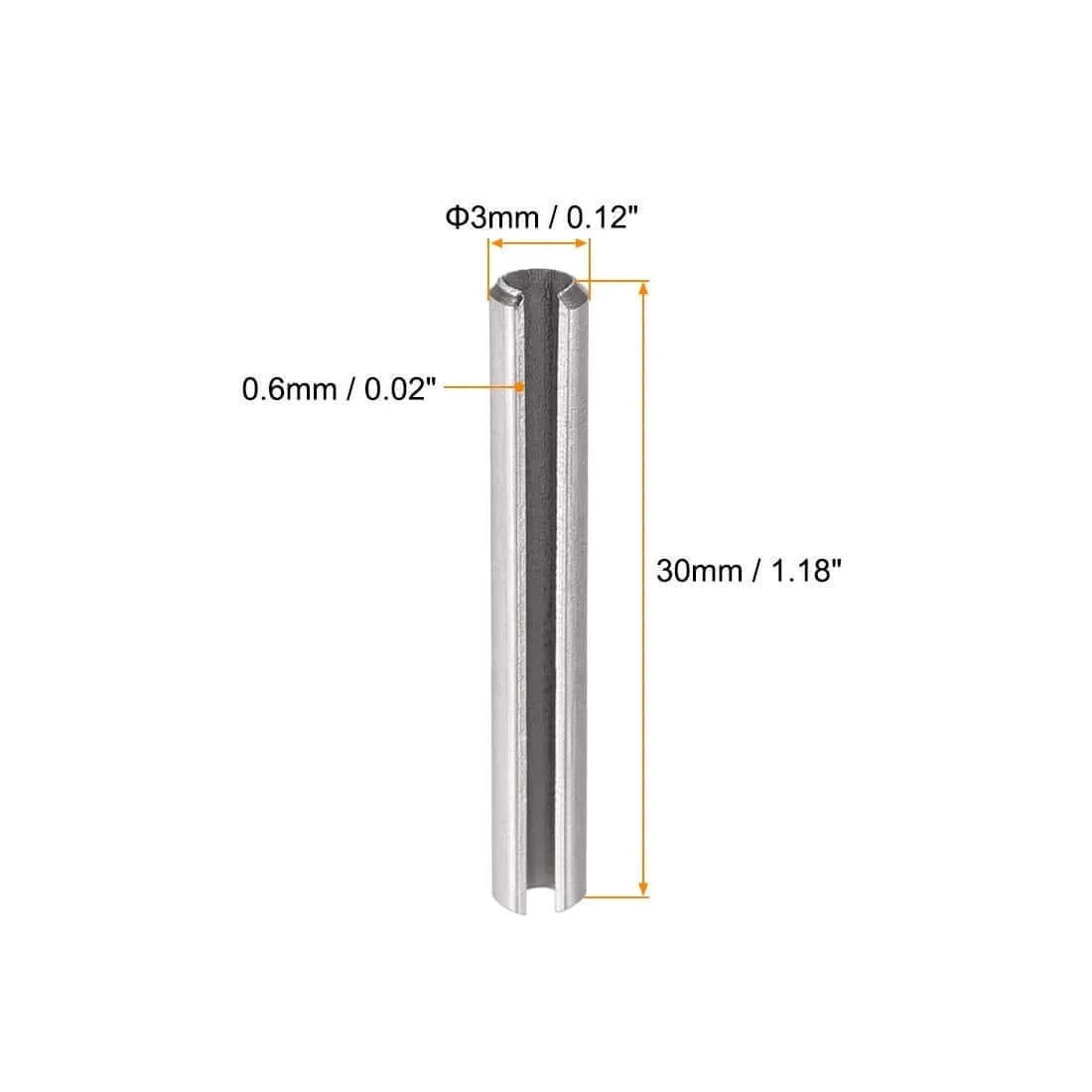 Slotted Spring Pin - M3 x 30mm 304 Stainless Steel Split Spring Roll Dowel Pins Plain Finish 20Pcs, side view with dimensions
