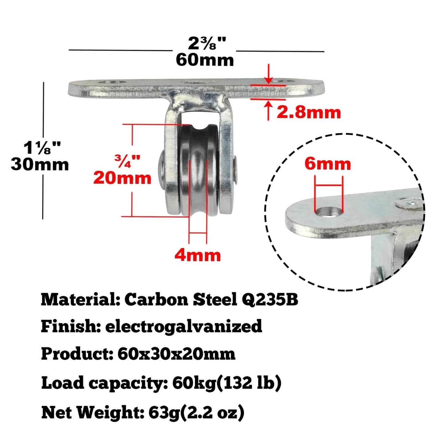 Detailed dimensions and specifications of the 8 Pcs 3/4" Small Pulley Block, Single Bearing Silent for 1/8" Cord, Max Load 132 lb.