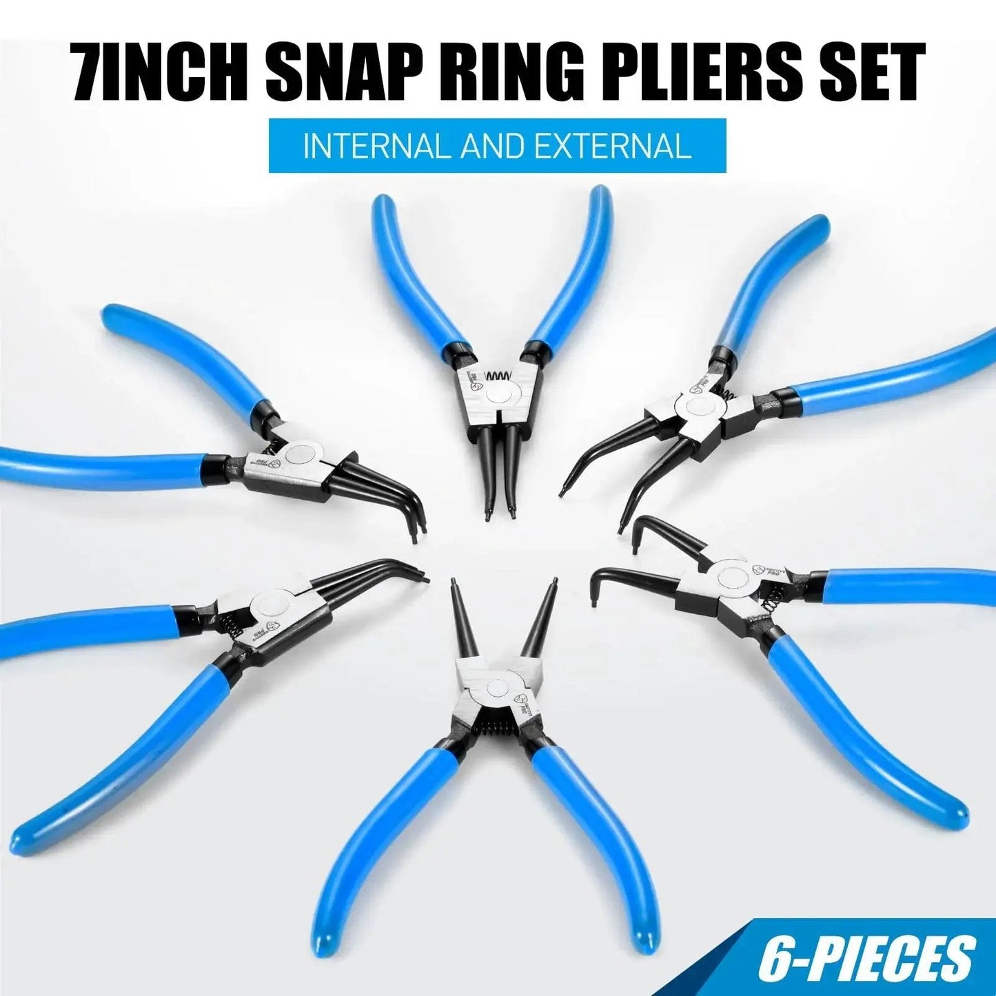 Six Piece 7 Inch Snap Ring Pliers Set With 0 Degree 45 Degree And 90 Degree Angled Jaws arranged in a circle