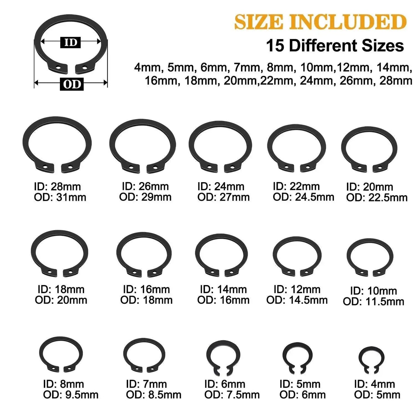 315 Piece Snap Ring Set For External Circlips In 15 Sizes Alloy Steel Heat Treated Retaining Rings Size Chart