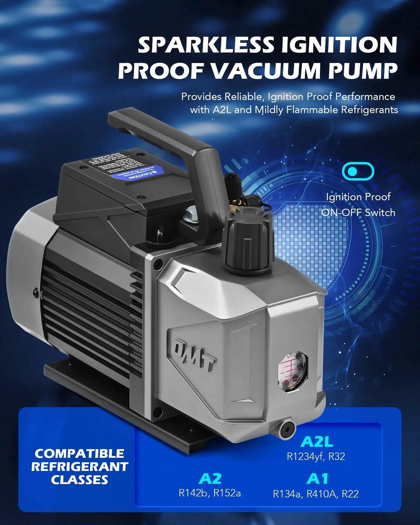Two Stage A2L Sparkless Ignition-Proof Vacuum Pump For Auto HVAC Systems, 5 CFM, Half Horsepower, Orion Motor Tech, front view