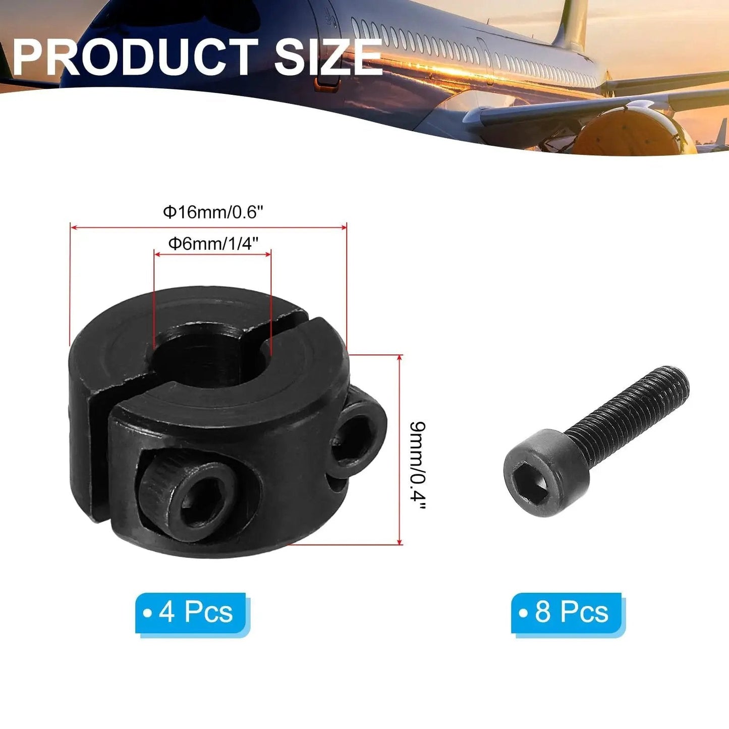 Four Pack Split Shaft Collar 6mm Bore 16mm OD 9mm Thick High Clamp Strength Two Piece Locking Design
