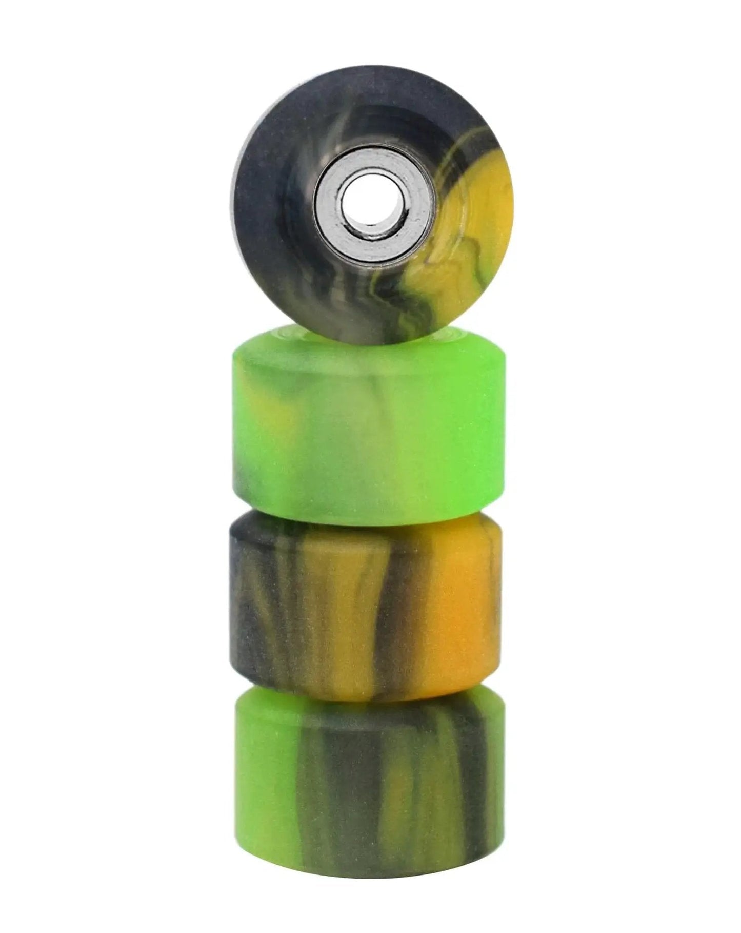 Set of Apex 61D Urethane Fingerboard Wheels in Spooky Swirl colorway with visible ultra spin bearings, stacked, 7.7mm diameter, USA made.