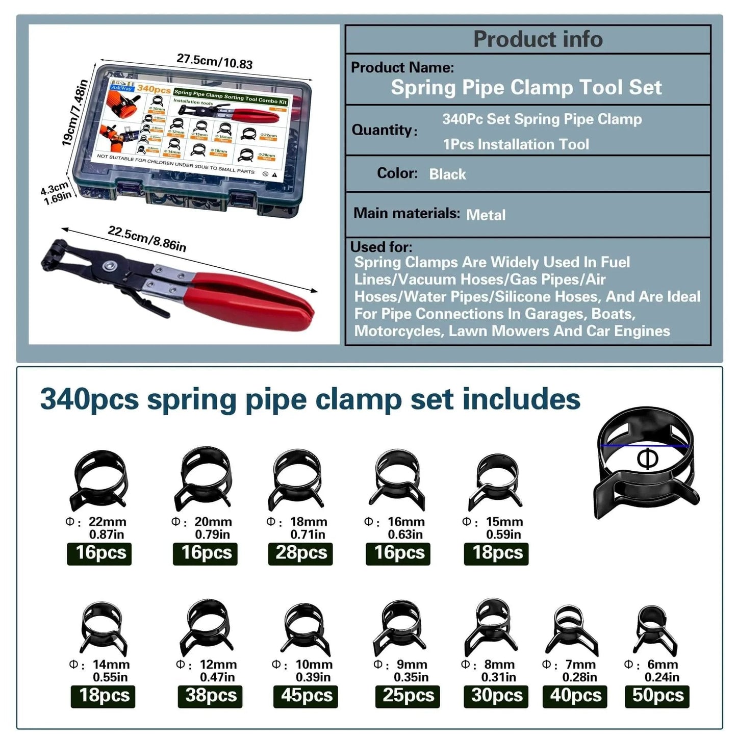 Spring Hose Clamps Kit 340 Pieces With Clamp Tool 12 Sizes From 6mm To 22mm For Automotive Marine Gardening And Industrial Applications Includes 340Pcs Clamp Set And Installation Tool with storage box and installation tool.