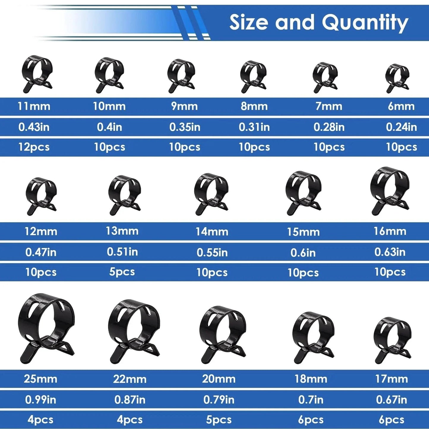 Various sizes of spring hose clamps from the 132 pcs 6 to 25mm spring hose clamps with hose clamp pliers in 16 sizes constant tension hose clamp kit.