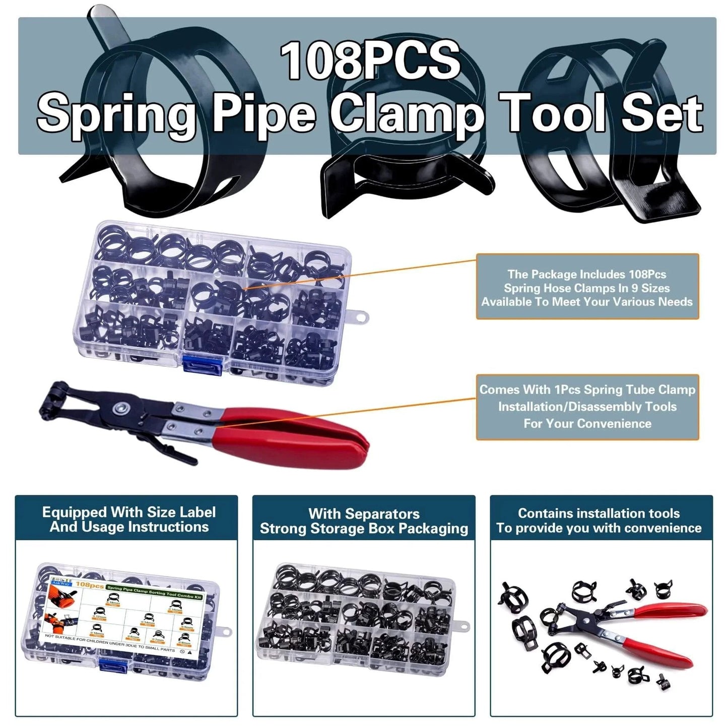 108 Piece Spring Pipe Clamp Set With Tools 9 Sizes From 6 To 18mm For Automotive Marine Gardening And Industrial Hose Interfaces Suitable For Repair And Maintenance In Vehicles Boats Farms And Factories, showing clamps, box, and tool.