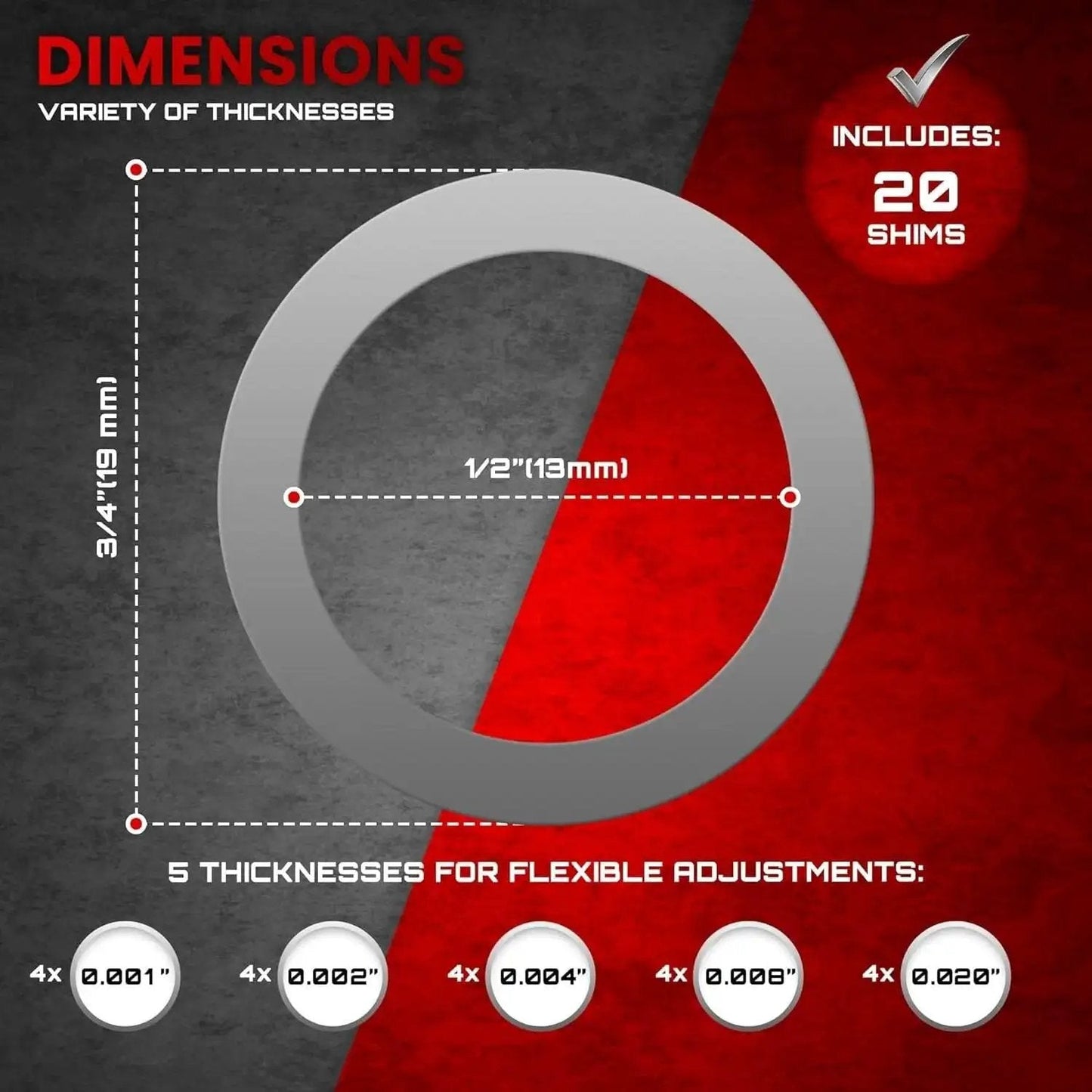 Dimensions of Barrel Shim Kit For One Half By Twenty Eight Inch Threads Stainless Steel 20 Piece Set with calibrated thicknesses.