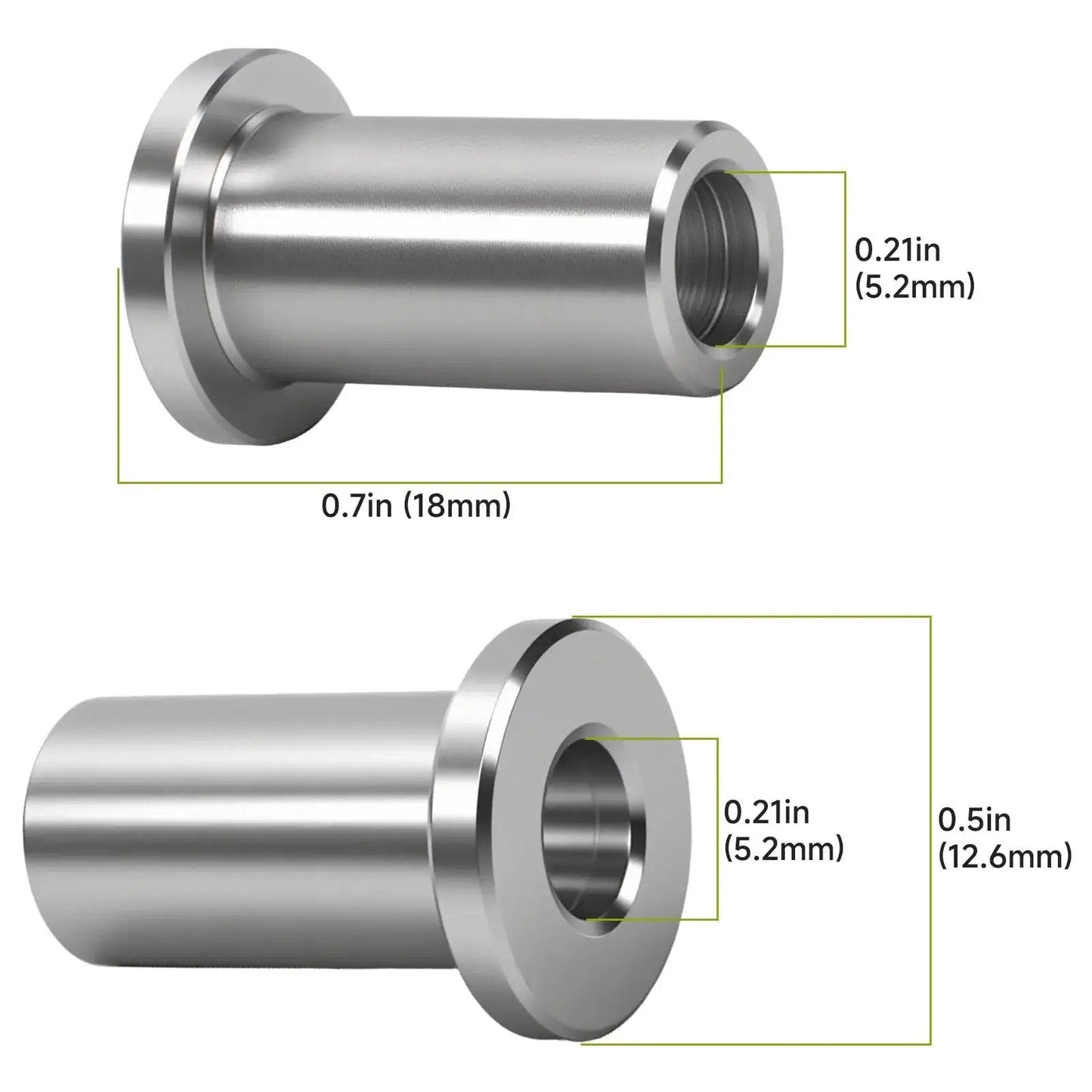 Stainless steel 3220 bearing sleeve dimensions for Grindmaster Crathco beverage dispensers, side view and front view