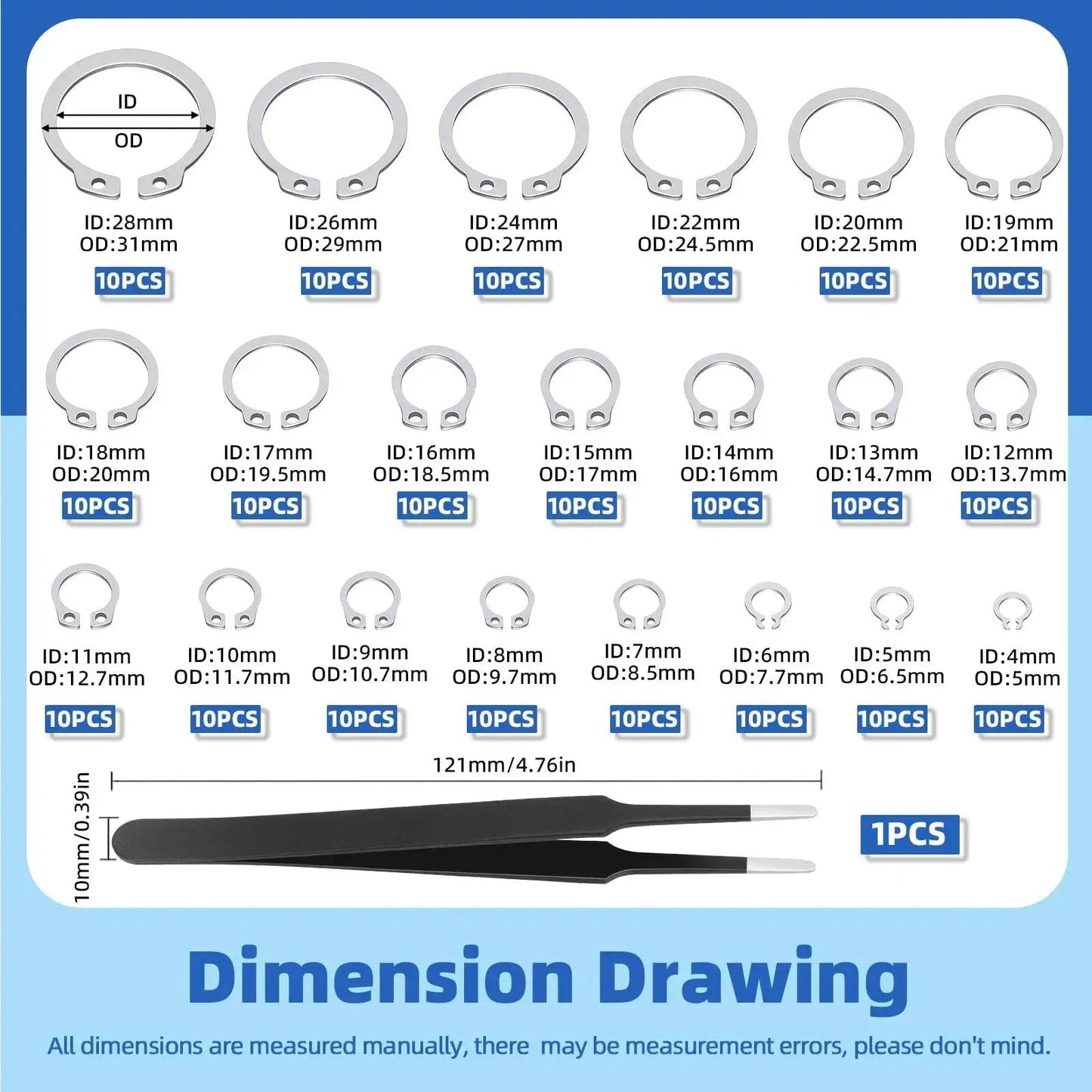 Diagram showing Ultimate 211 Piece C Clip External Retaining Ring Set In 304 Stainless Steel From 4mm To 28mm with tweezer by Glarks.