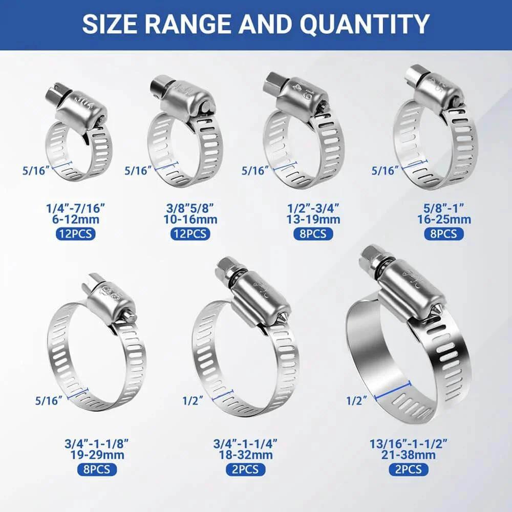 52 Piece Hose Clamp Kit In Premium 304 Stainless Steel With Adjustable Worm Gear Clamps From One Quarter Inch To One And A Half Inch Six To Thirty Eight Millimeter For Plumbing Automotive And Mechanical Applications A Durable Corrosion Resistant Clamp Set