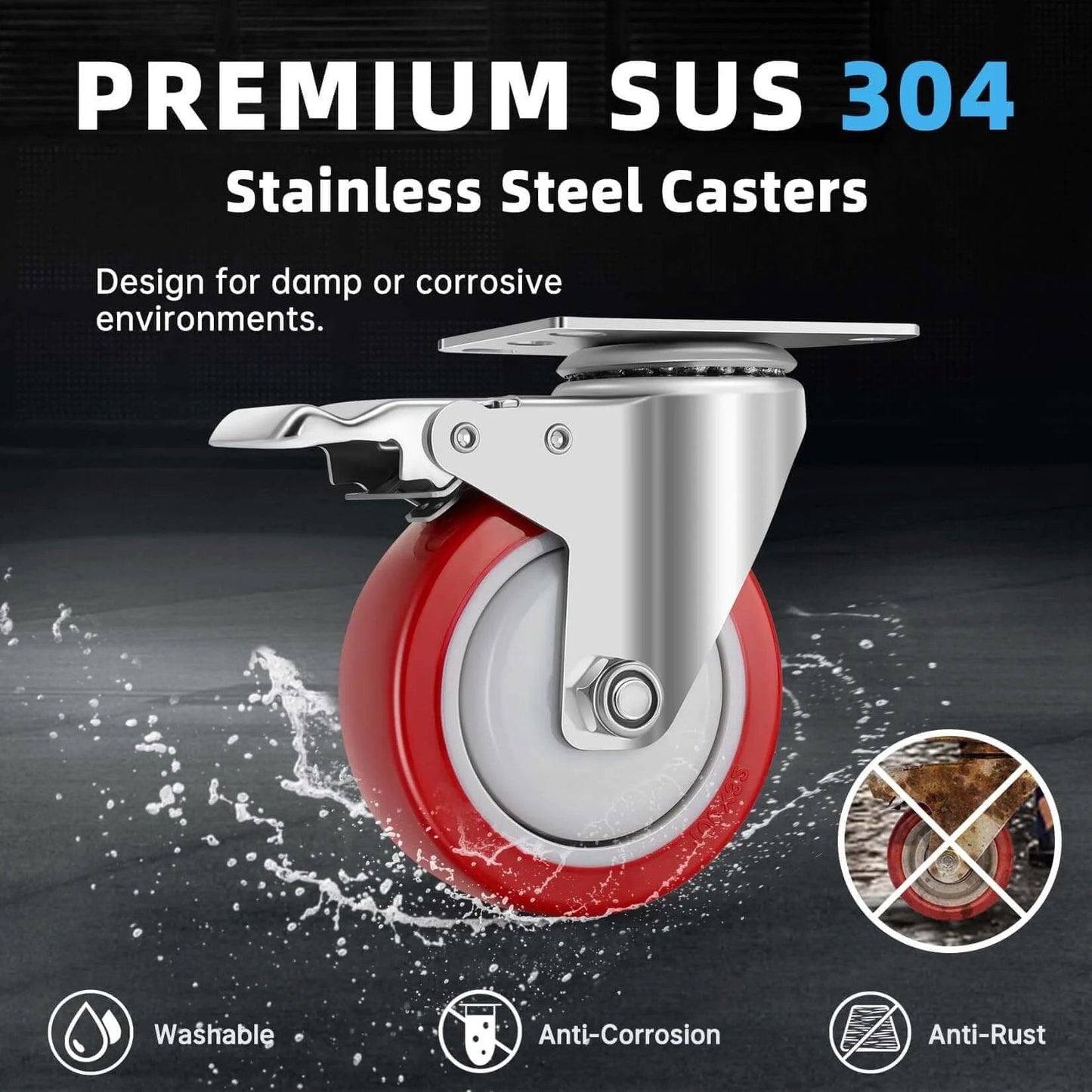 Stainless steel 4 inch heavy duty caster wheels with brakes, 304 rust proof swivel casters for industrial use close-up.