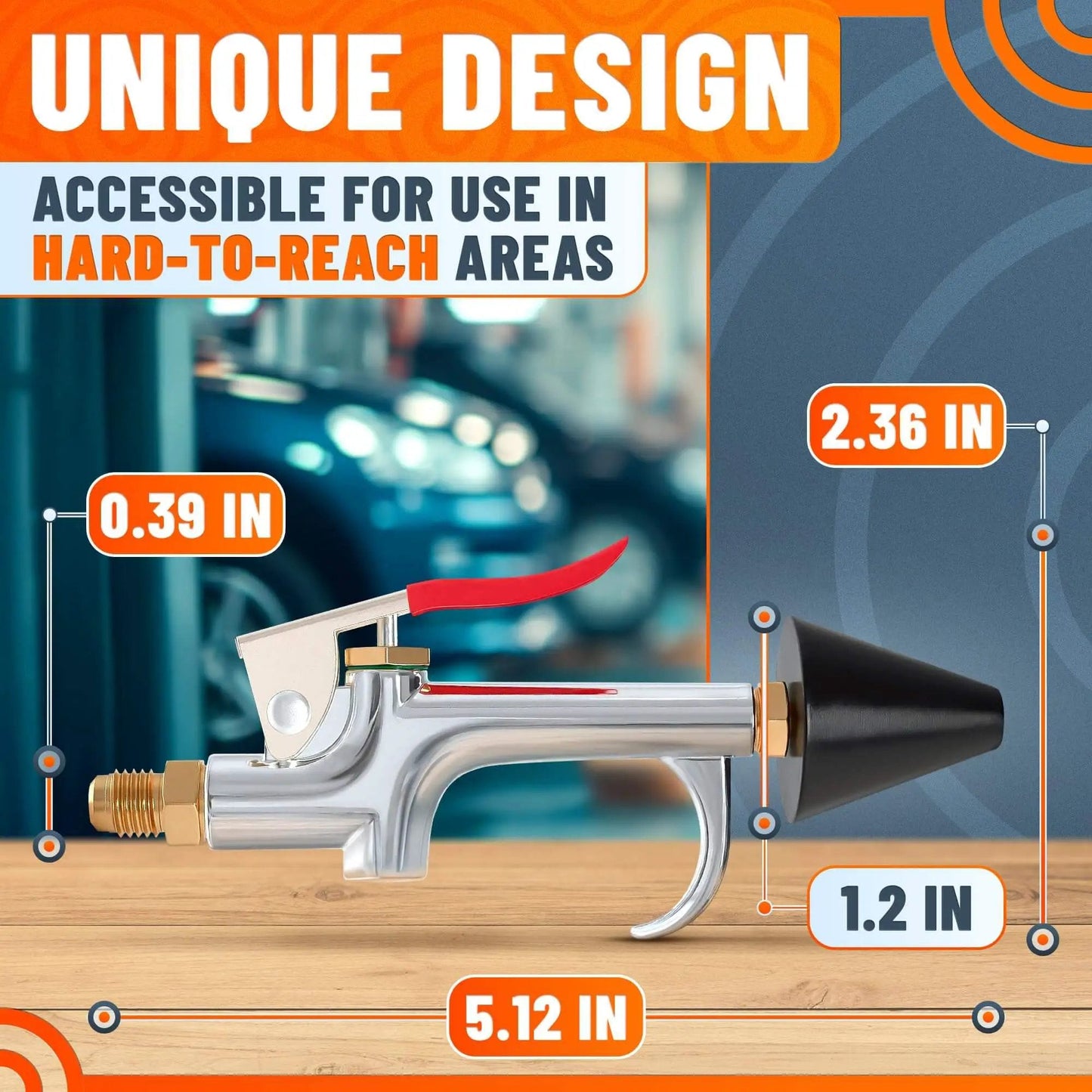 Heavy Duty Stainless Steel Air Nozzle Blow Gun For Compressor With Adjustable Pressure Rust Resistant Brass Threads Rubber Tip Thumb Switch Lever Compact HVAC Tool For Cleaning Tight Spaces shown in side view