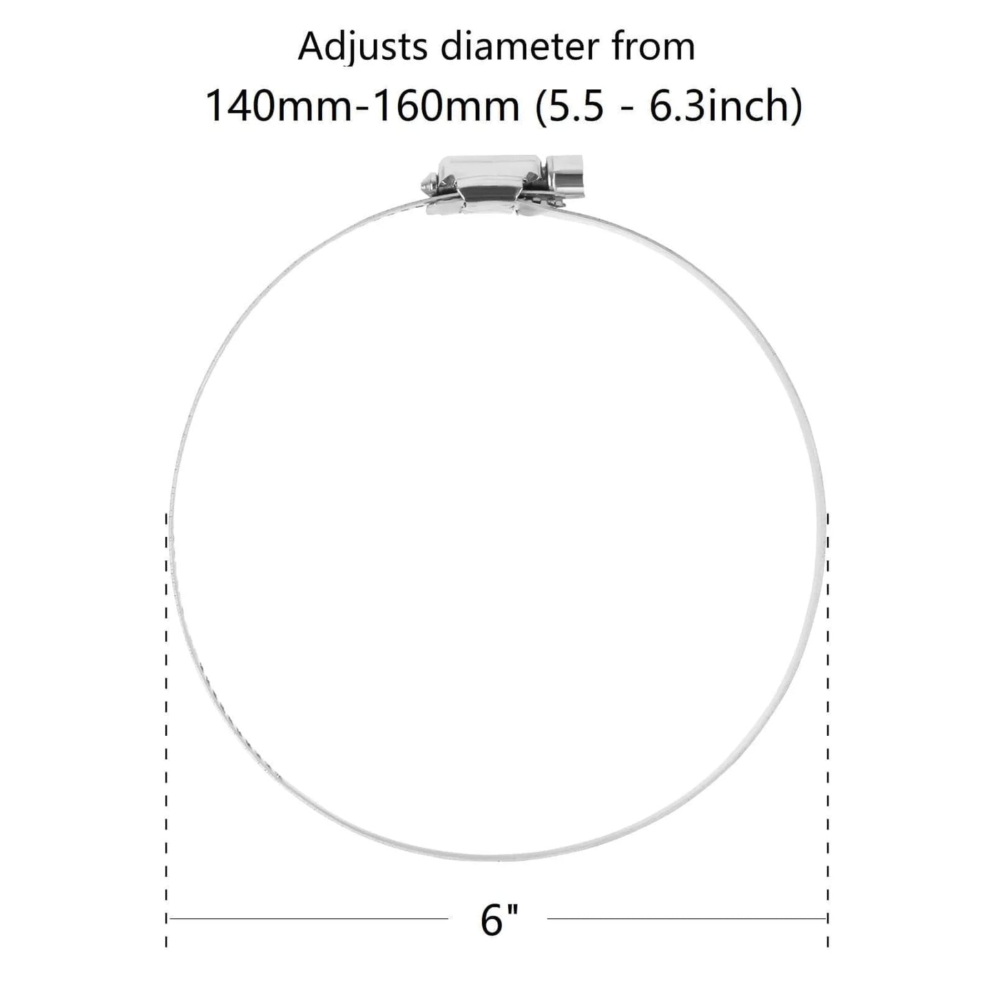 Stainless Steel 6 Inch Duct Hose Clamp Adjustable Diameter 140 To 160mm Worm Drive Clamp shown in front view