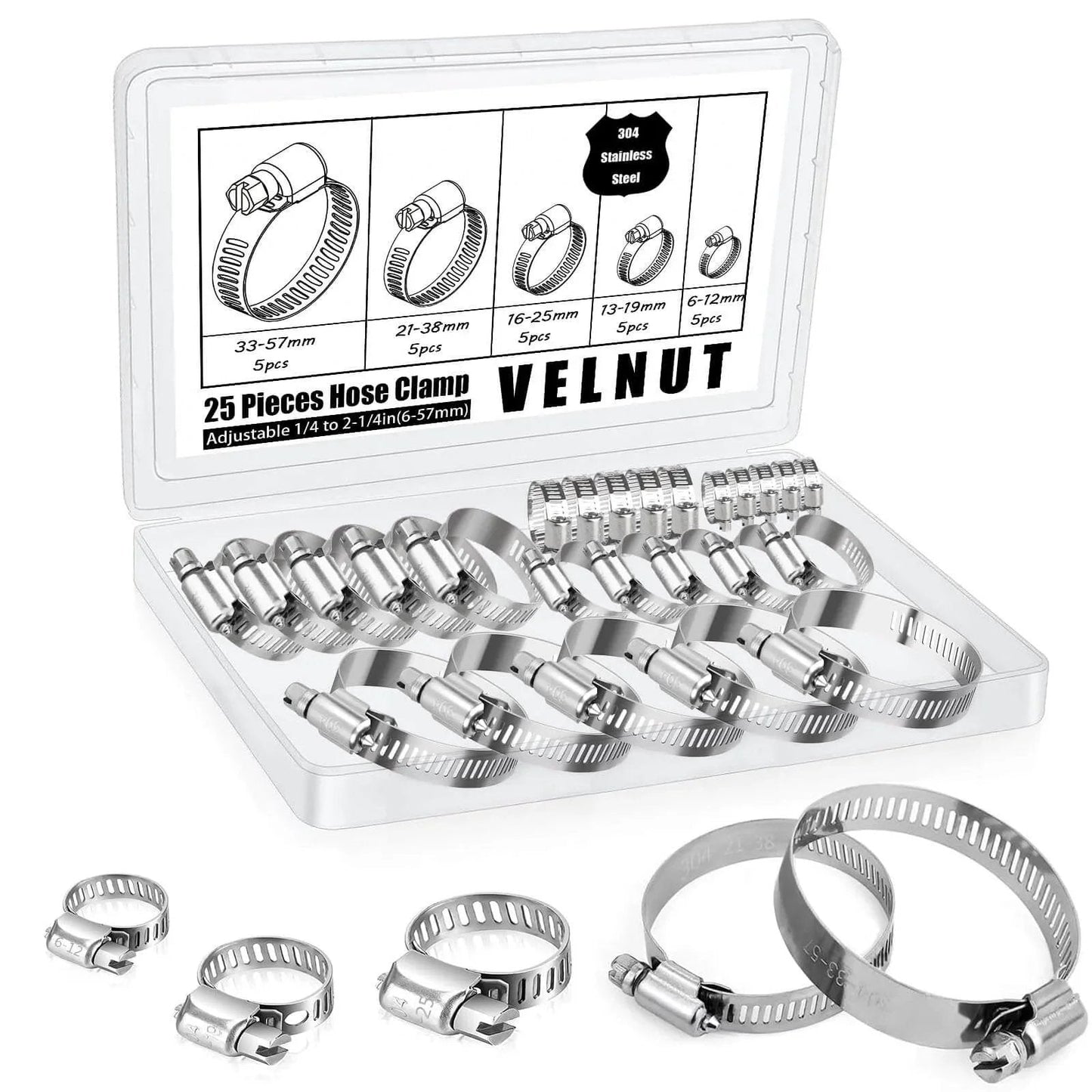 Stainless Steel Hose Clamps Assortment Kit Twenty Five Pieces Worm Gear Hose Clamp Adjustable From One Quarter Inch To Two And One Quarter Inch For Plumbing Automotive And Mechanical Applications Durable Corrosion Resistant 304 Stainless Steel