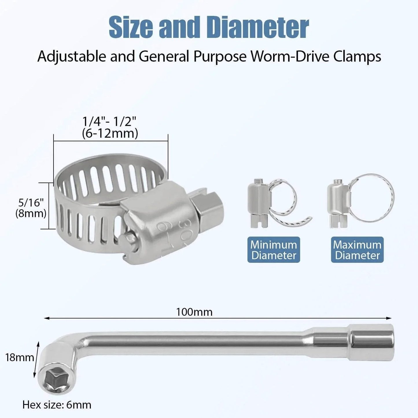 Image showing 50 Pack Stainless Steel Hose Clamps One Quarter To One Half Inch Adjustable Worm Gear With Socket Wrench for Plumbing Automotive and Mechanical Applications Premium 304 Stainless Steel Corrosion Resistant Durable Heavy Duty Gear Clamp Set with size measurements.