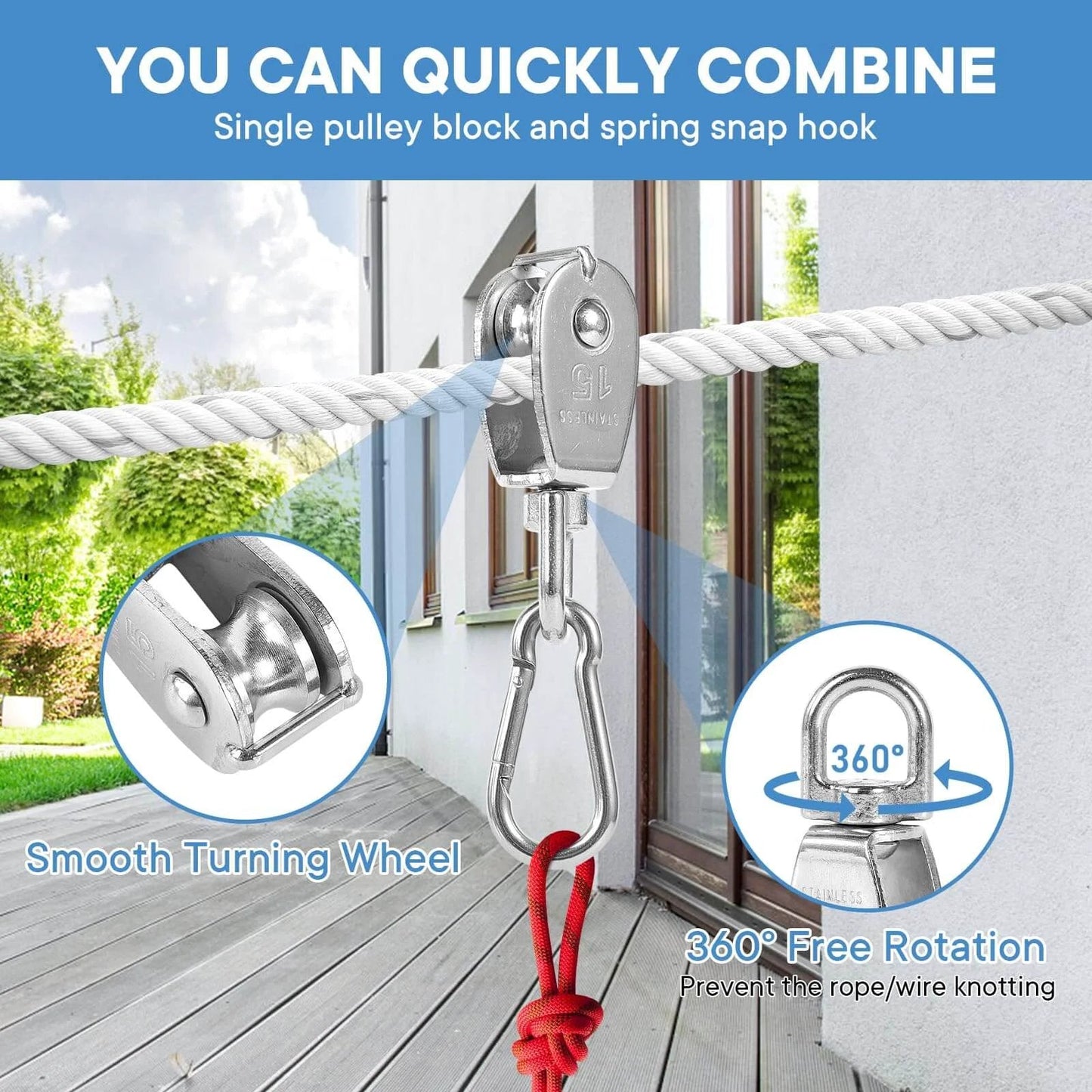 ✝️ 6Pcs 304 Stainless Steel M15 Single Pulley Block, Wire Rope Hanging Wire Towing Wheel with 6Pcs Spring Snap Hook in use outdoors.