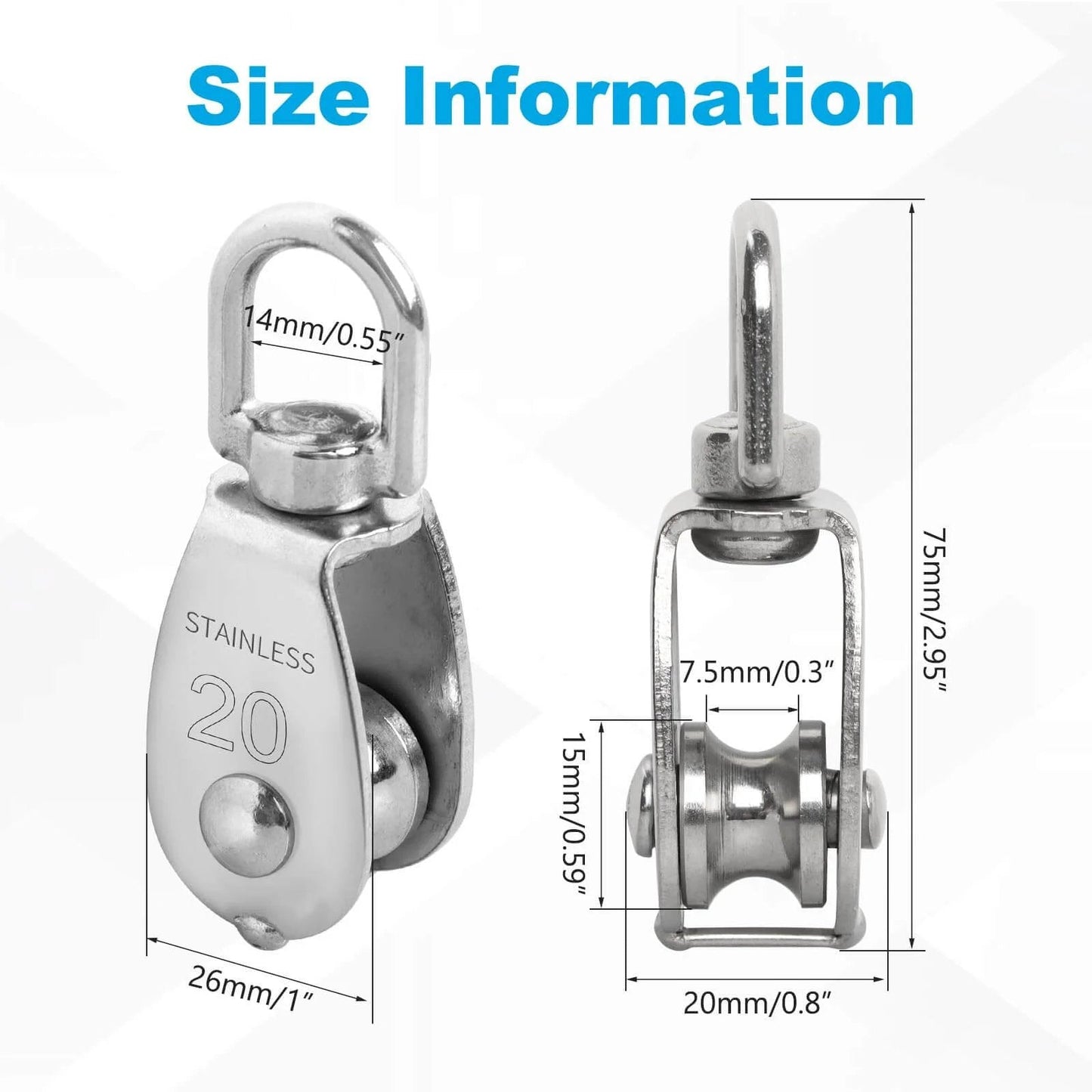 12 Pack M20 Single Pulley Block, 304 Stainless Steel Wire Rope Cable Pulley front and side view with dimensions.