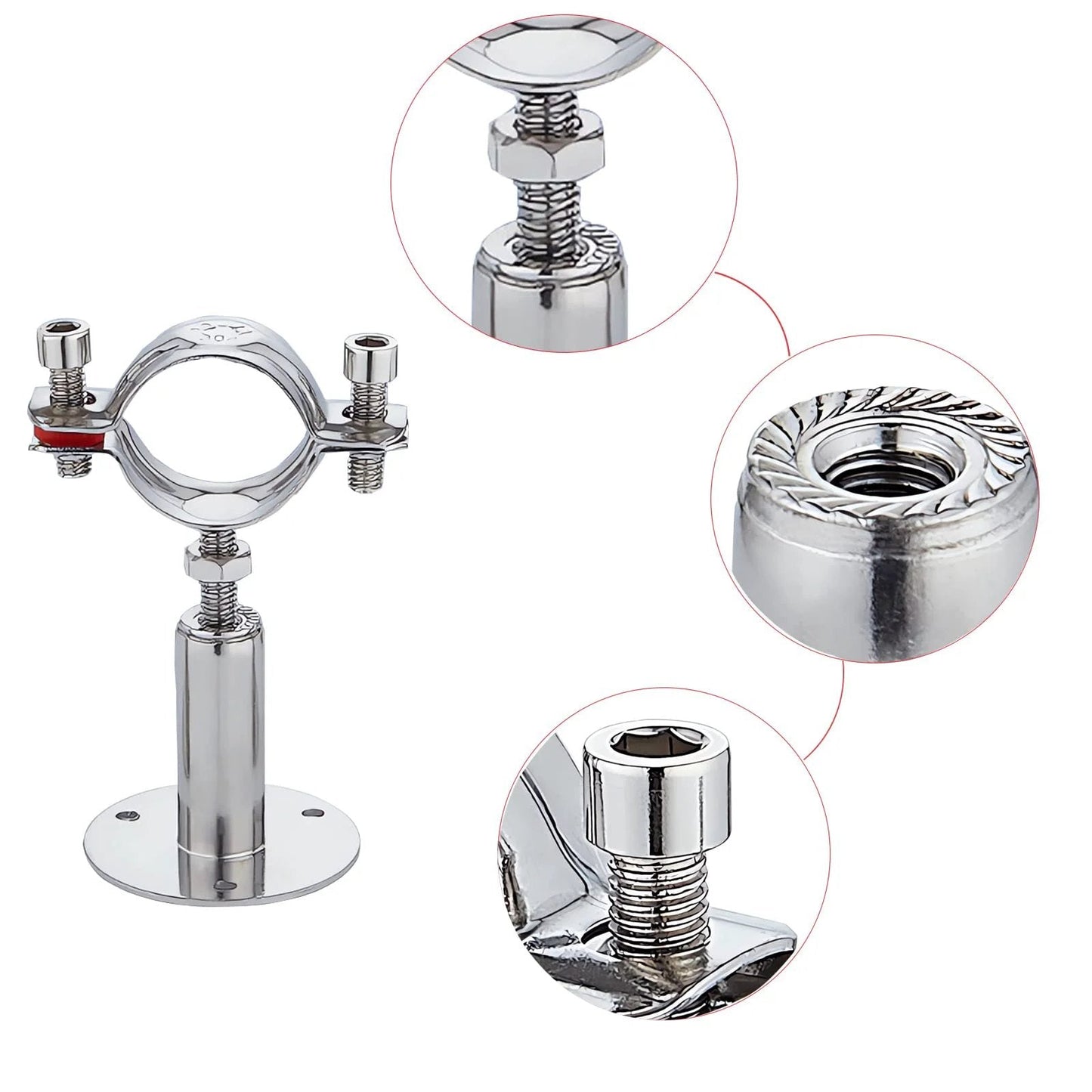 Close-up of Heavy Duty Stainless Steel Wall And Ceiling Pipe Supports With Rubber Cushioned Clamps 304 Stainless Steel Construction.