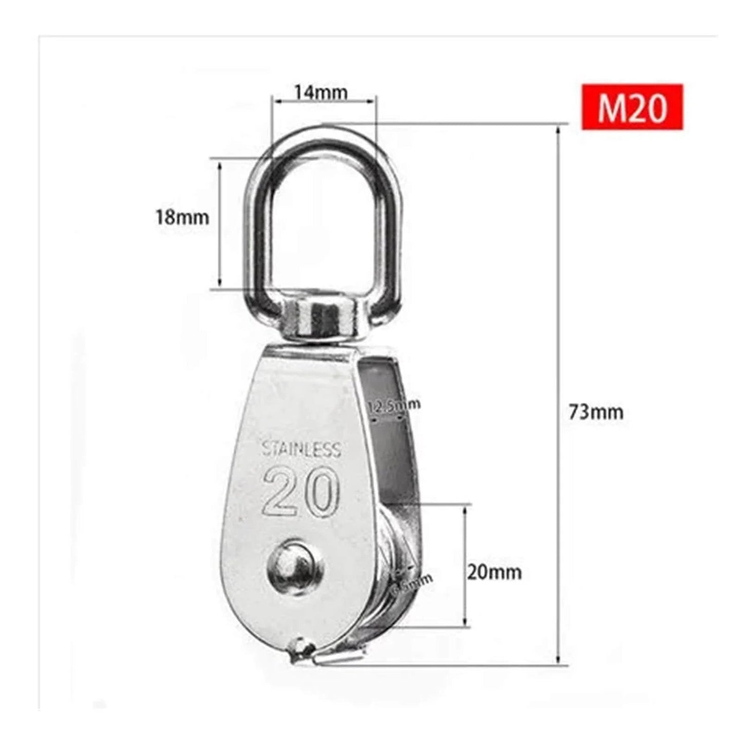 Front view of Stainless Steel Pulley M20Single Wheel Swivel Lifting Rope Pulley Set Lifting Wheel Tools(M20) with dimensions.