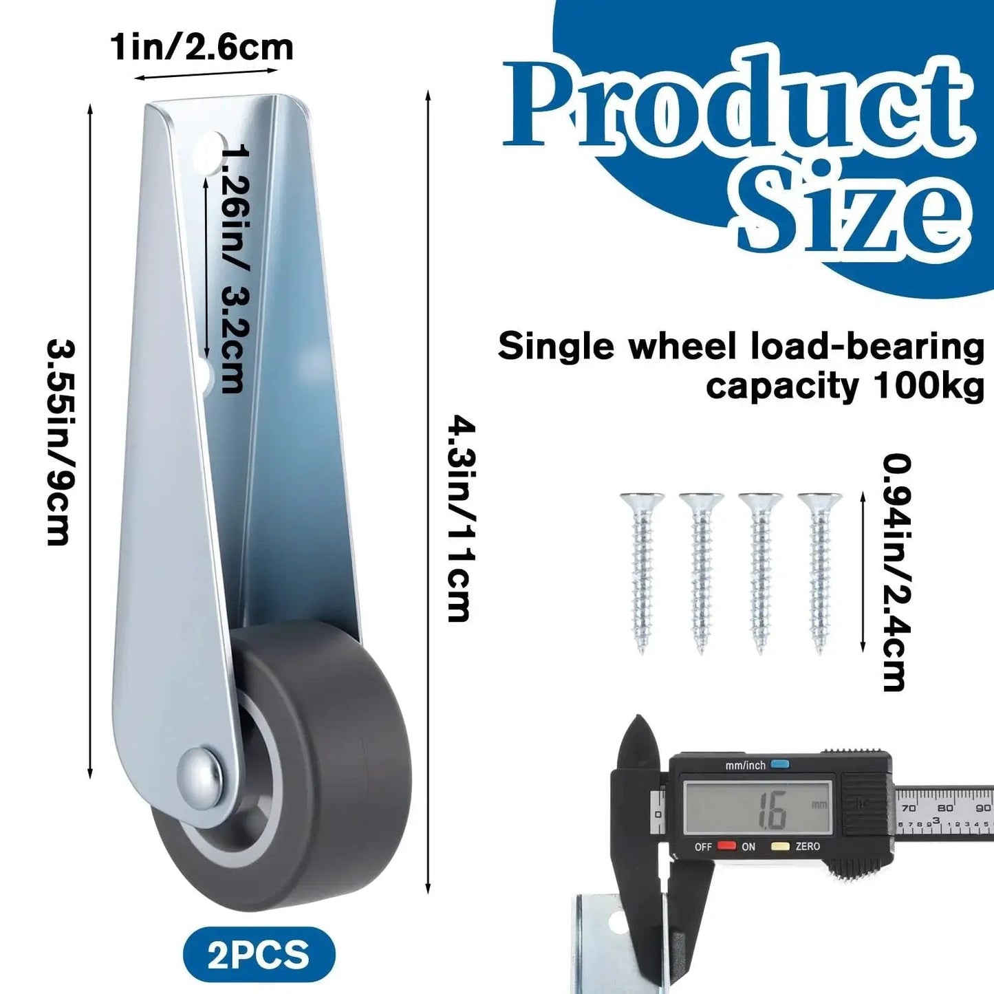 Gate Wheels For Wooden Gates Replacement Set Of 2 Caster Wheels With Anti Friction Rubber Rolling Pulley Directional Wheel For Outdoor Garden Gates Fence Cabinets Furniture Tables And Sofas, showing wheel dimensions and screws.