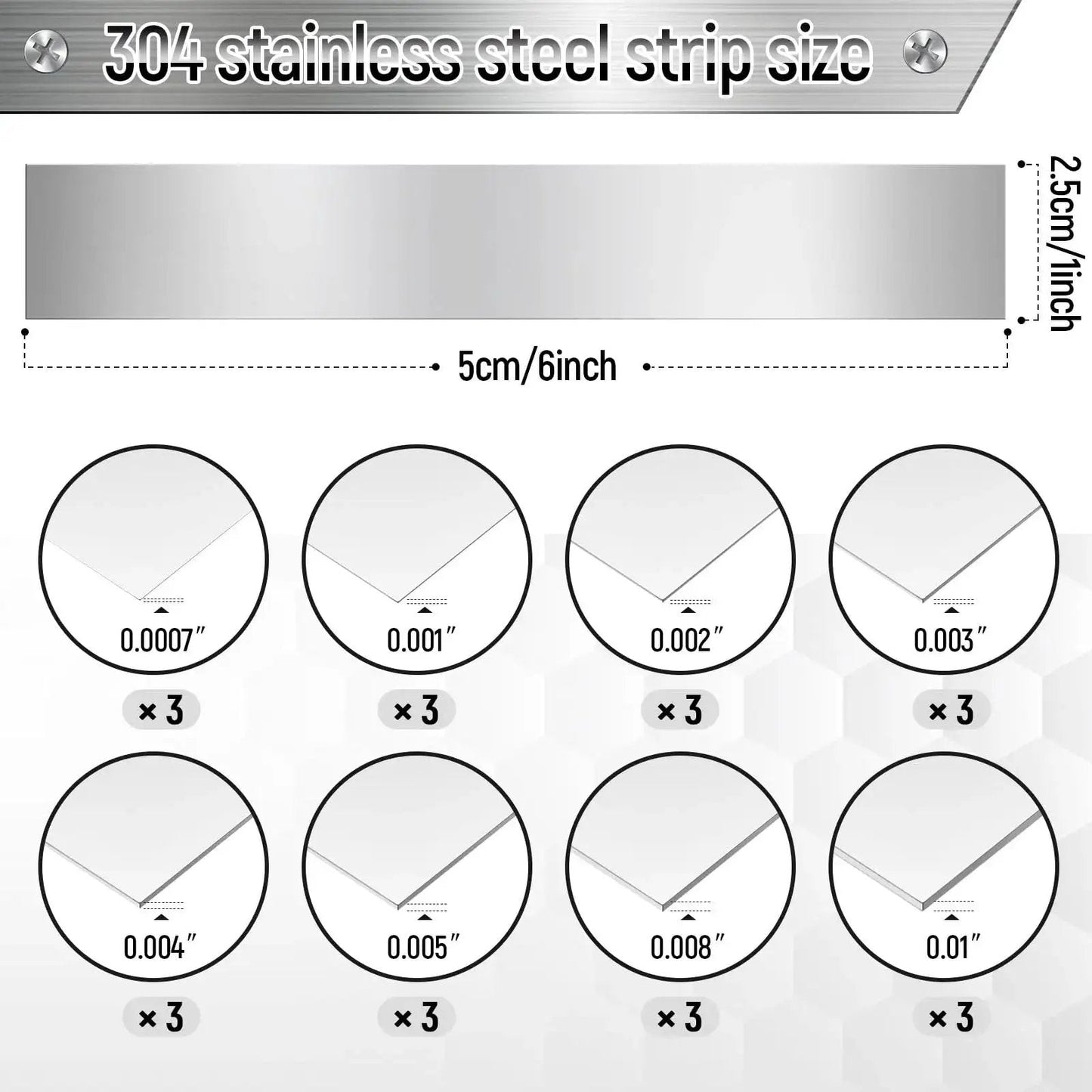 Sturdy 24 Piece 304 Stainless Steel Shim Stock Kit diagram showing 1 by 6 inch strips with various thickness sizes for precise DIY projects.