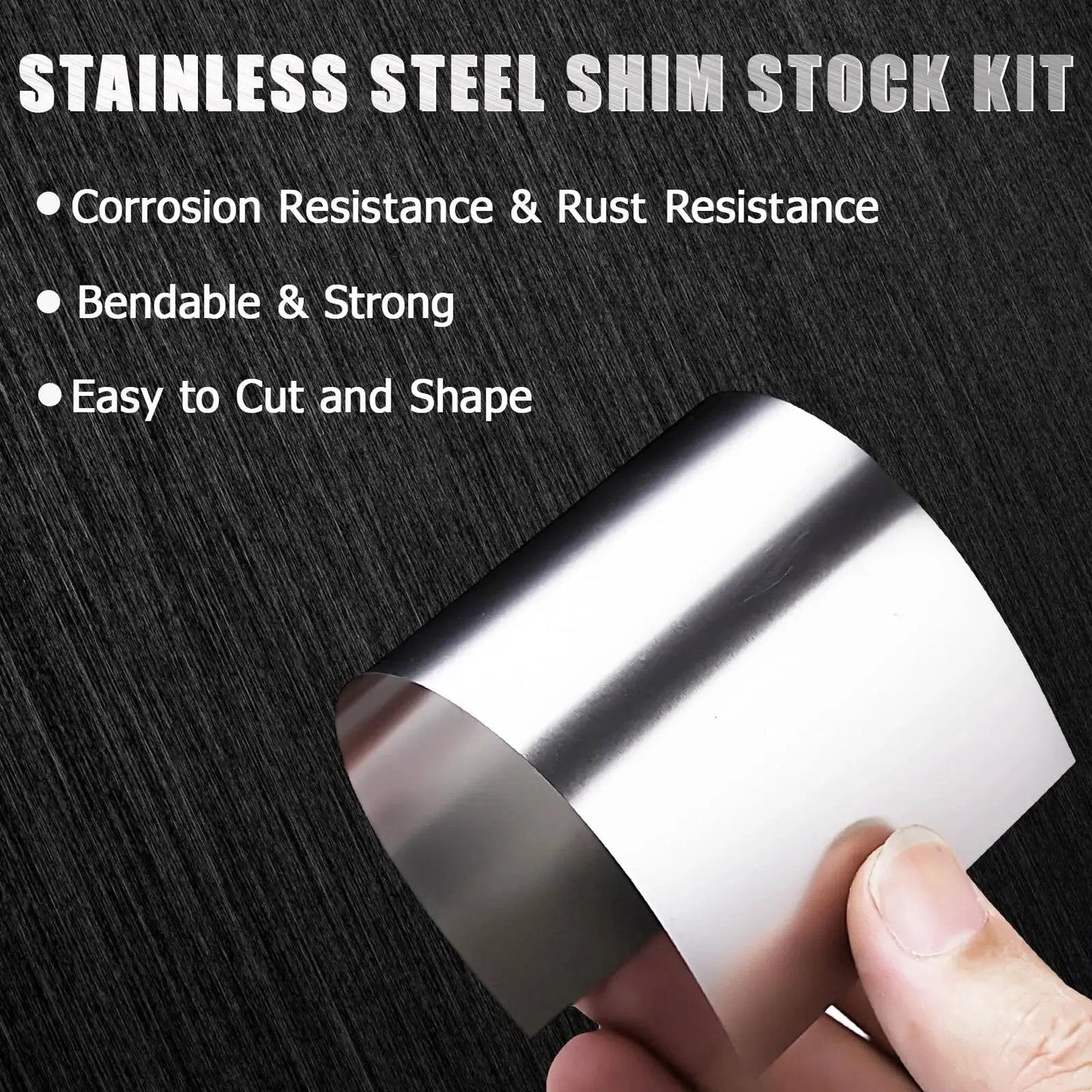 12 Piece Stainless Steel Shim Stock Kit 2.5 x 6 Inch For Leveling And Spacing shown being bent by hand