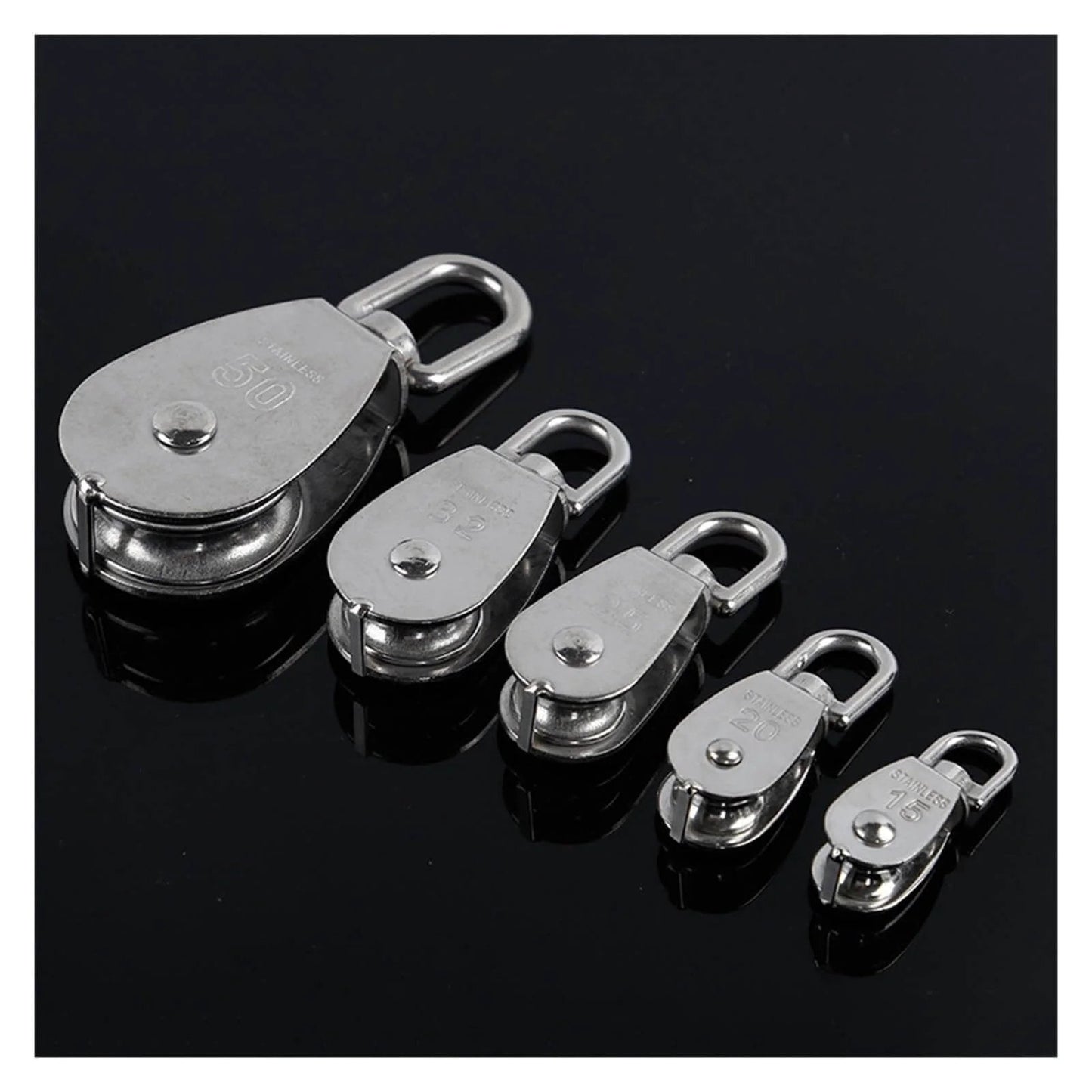 Stainless Steel Pulley M25 Single Wheel Swivel Lifting Rope Pulley Set in various sizes on black background