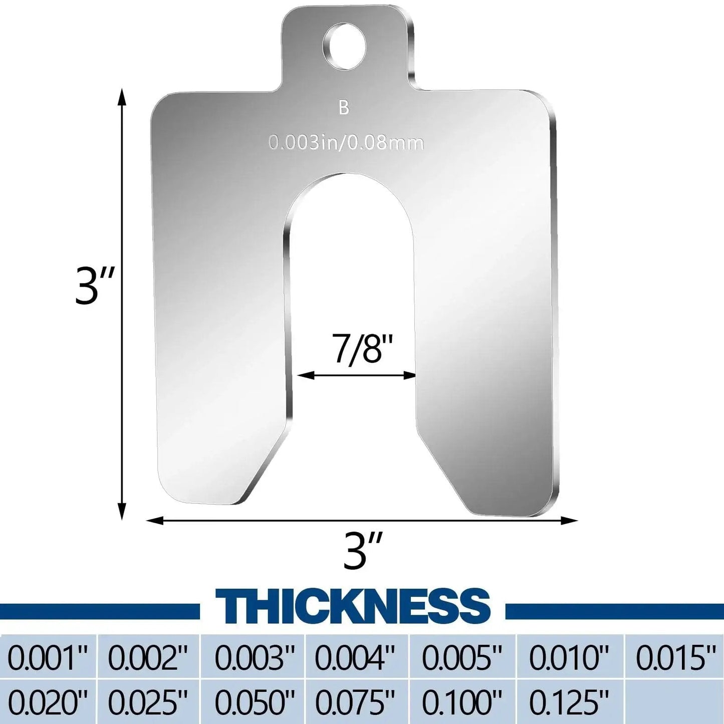 Stainless Steel Slotted Shims Kit 260 Piece Set with Storage Box 3 by 3 Inches, shim thickness chart from 0.001 to 0.125 inches.