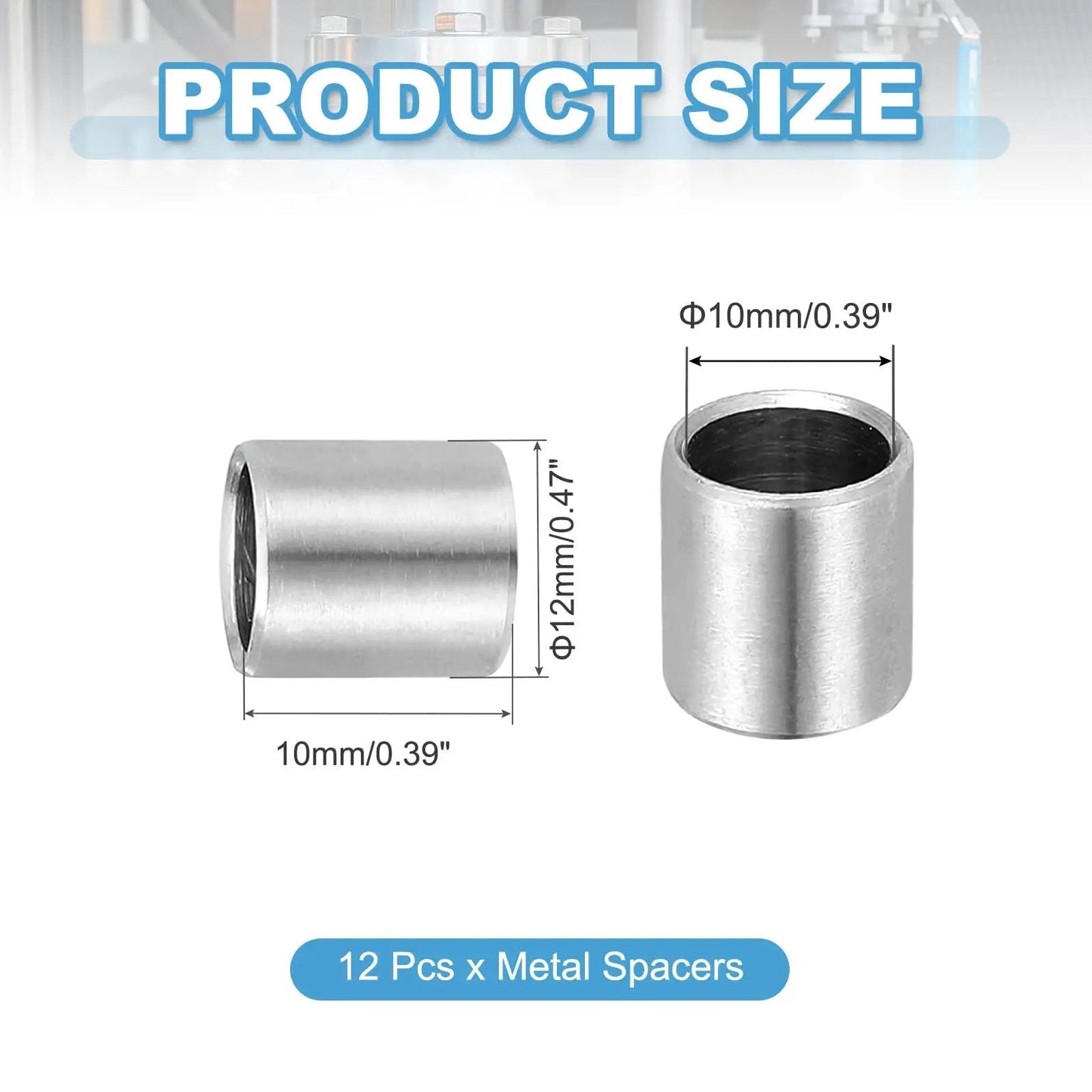 Built Tough 12 Pack Stainless Steel Spacers Set With 10mm ID By 12mm OD By 10mm Height, side and front view with dimensions shown