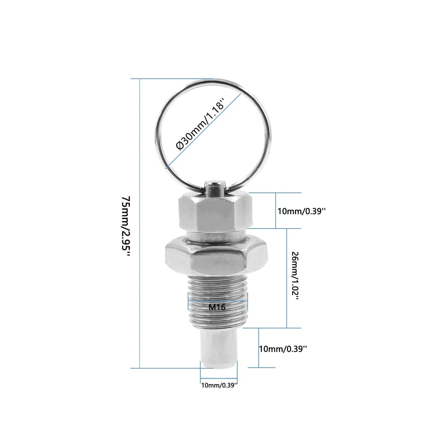 Stainless Steel Spring Plunger with Pull Ring Set, Non-Locking, M16-10mm Size for Industrial Use, with measurements shown.