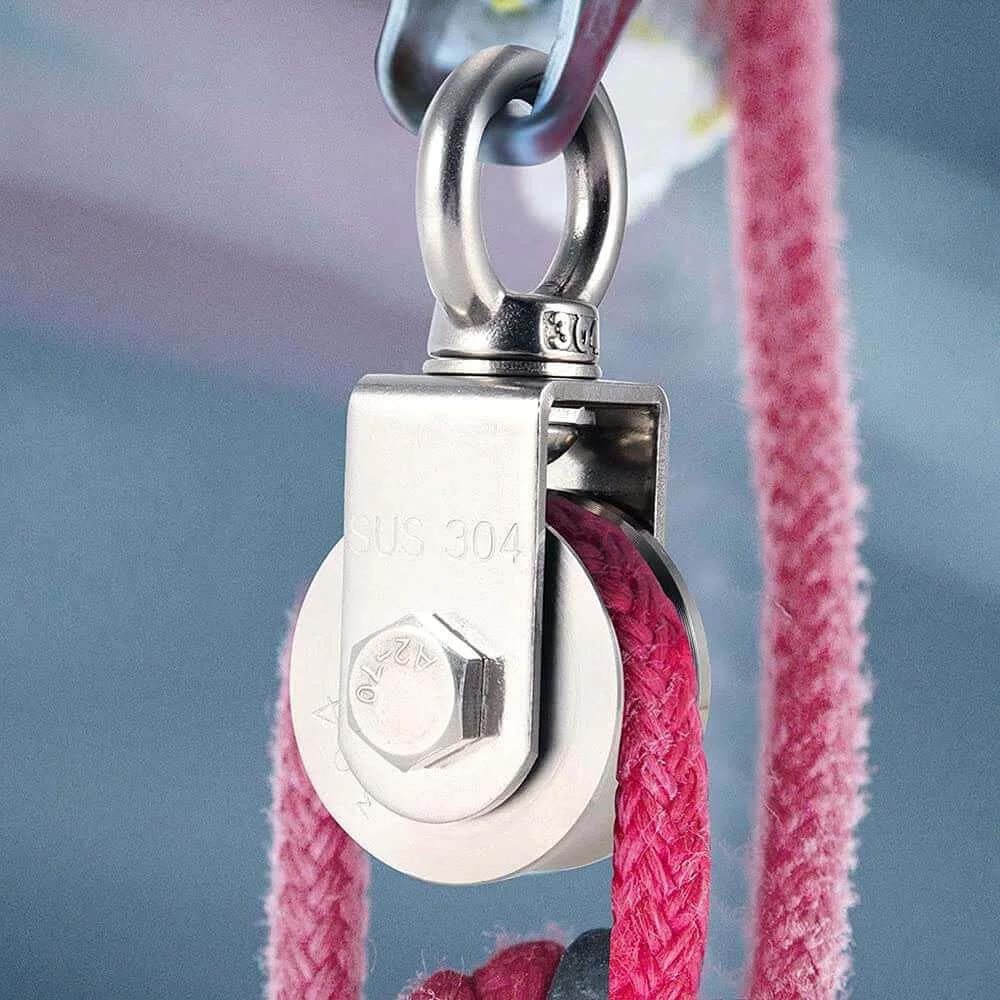 2 Inch U-Type Pulleys for Rope, Stainless Steel M10 Swivel Pulley Block with Bearing in use with pink rope
