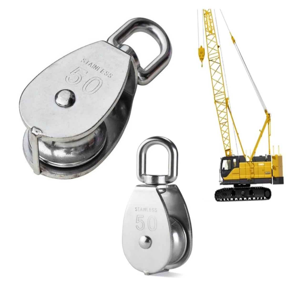 Stainless Steel Swivel Pulley with Single Sheave Heavy Duty Design for Lifting and Rigging Maximum Load Capacity for Indoor and Outdoor Use shown with a crane backdrop.