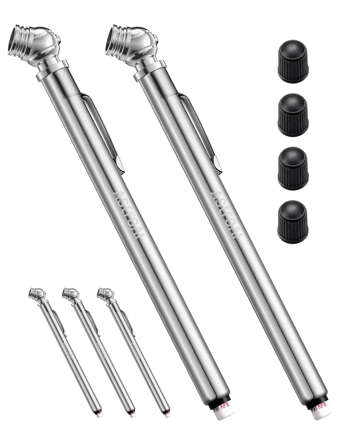 2 Pack Pencil Tire Pressure Gauge, 10 To 75 PSI Range, ANSI B40.1 Grade B ±2% Calibration, Stainless Steel Body With Metal Nozzle, Measures PSI, kPa And Bar For Cars, Bikes And All Vehicles