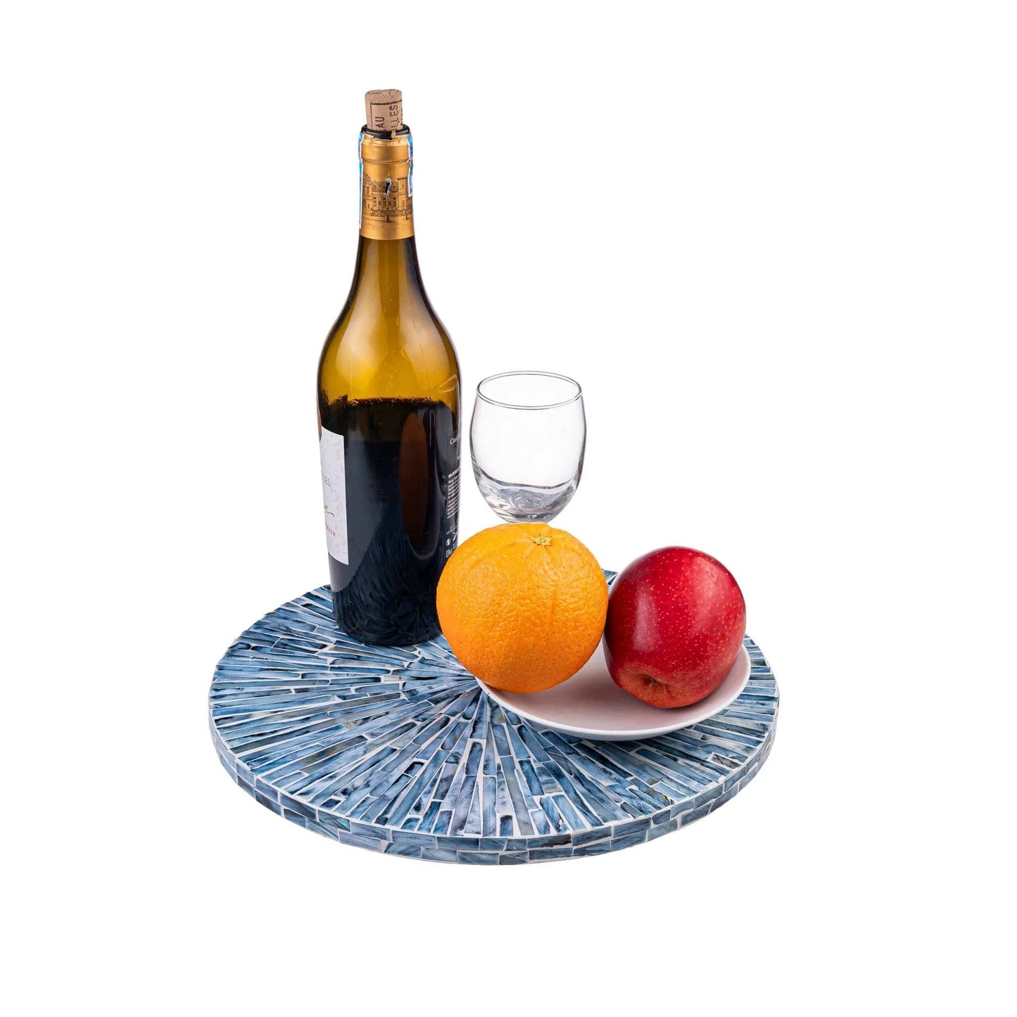 12.6 inch mother of pearl lazy susan turntable with blue starburst design, decorative rotating tray for countertops, tables, and vanities